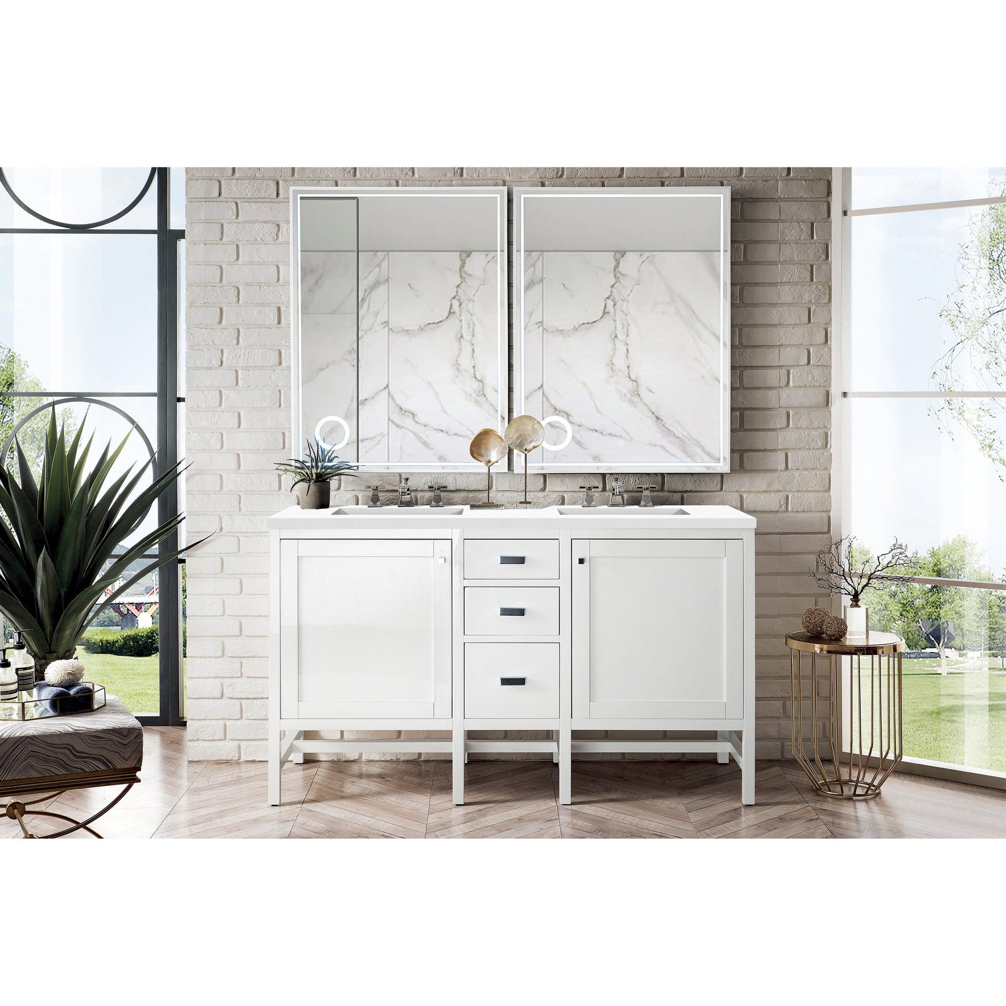 James Martin Vanities, James Martin Vanities Addison 60" Glossy White Double Vanity Cabinet With 3cm White Zeus Quartz Top