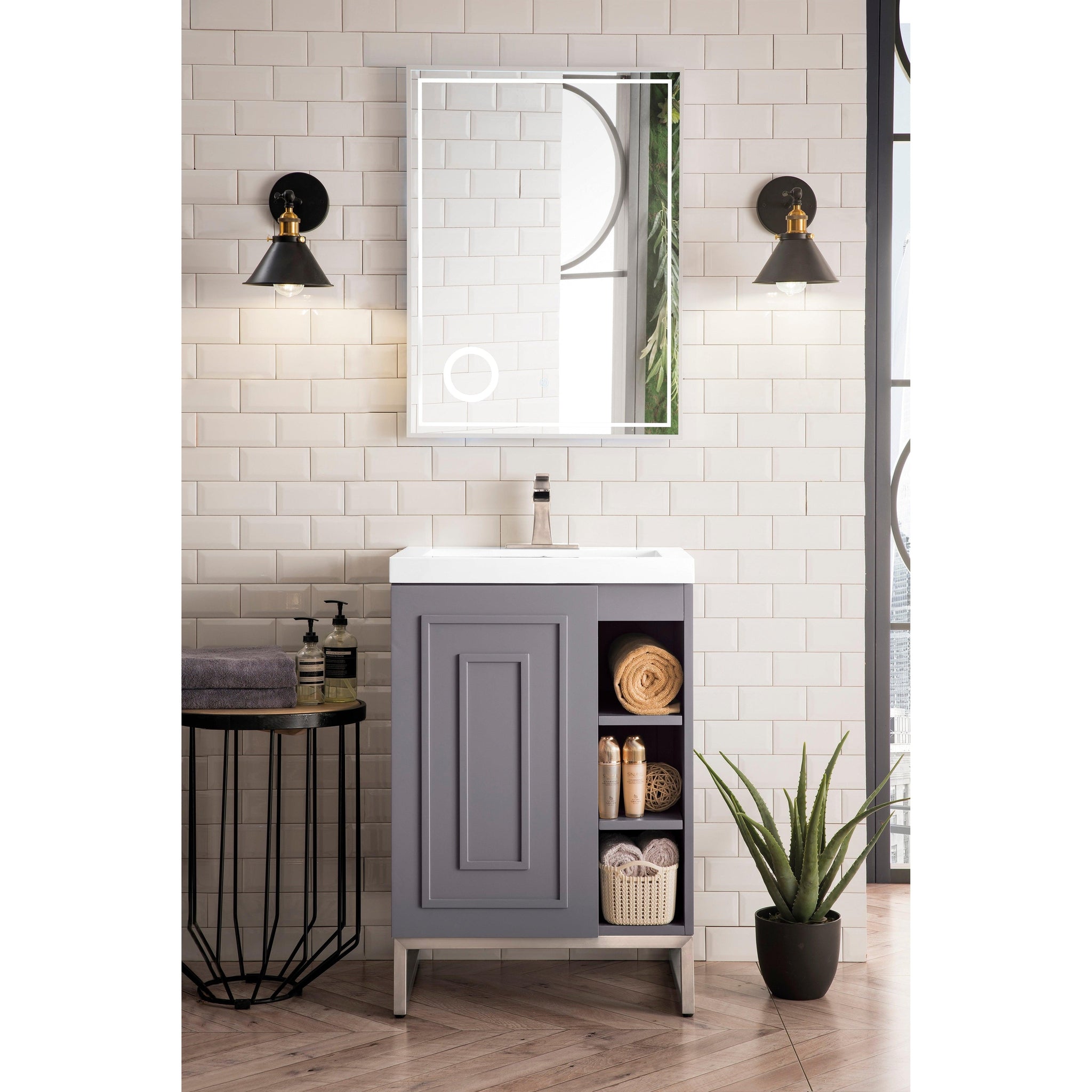 James Martin Vanities, James Martin Vanities Alicante 24" Grey Smoke, Brushed Nickel Single Vanity Cabinet With White Glossy Composite Countertop