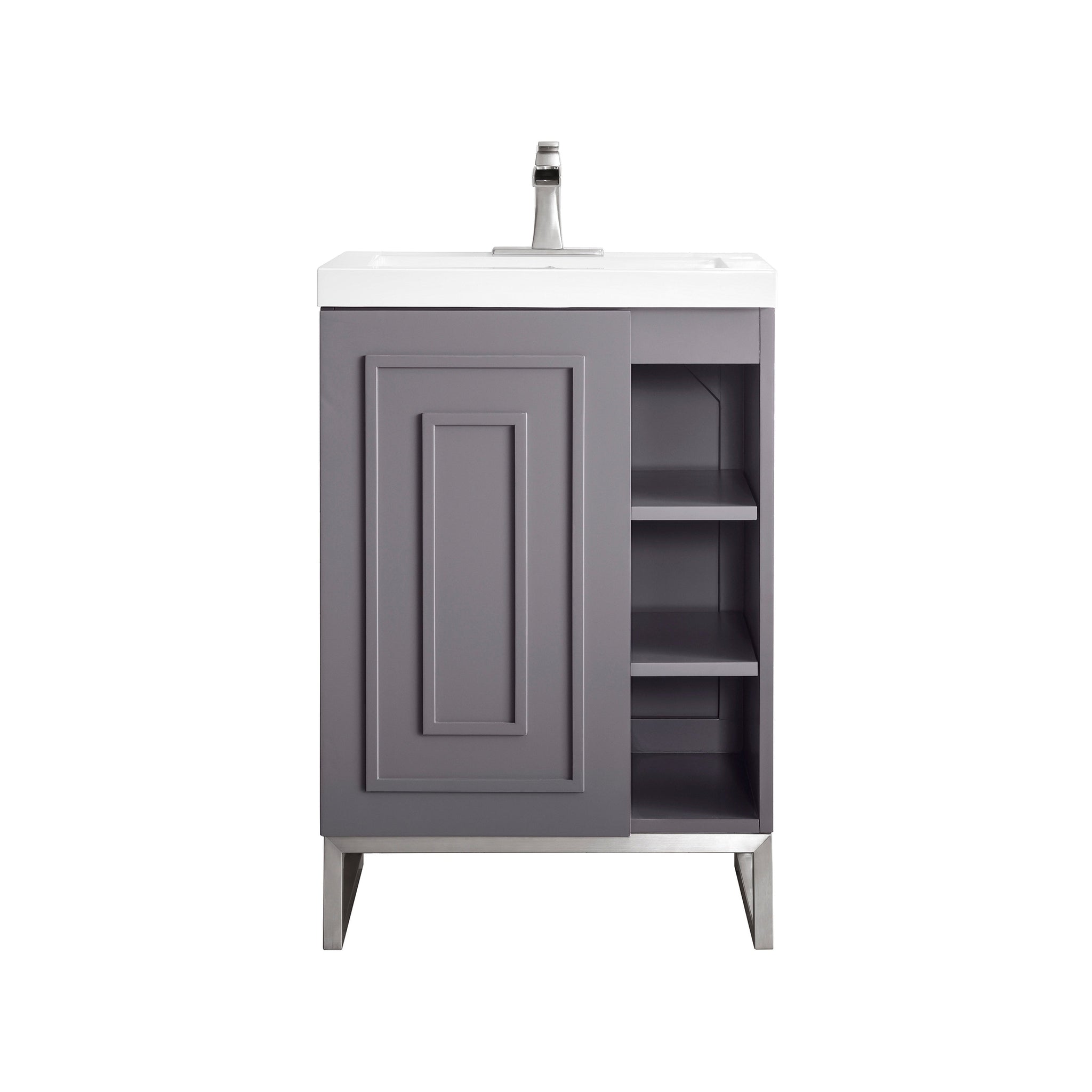 James Martin Vanities, James Martin Vanities Alicante 24" Grey Smoke, Brushed Nickel Single Vanity Cabinet With White Glossy Composite Countertop