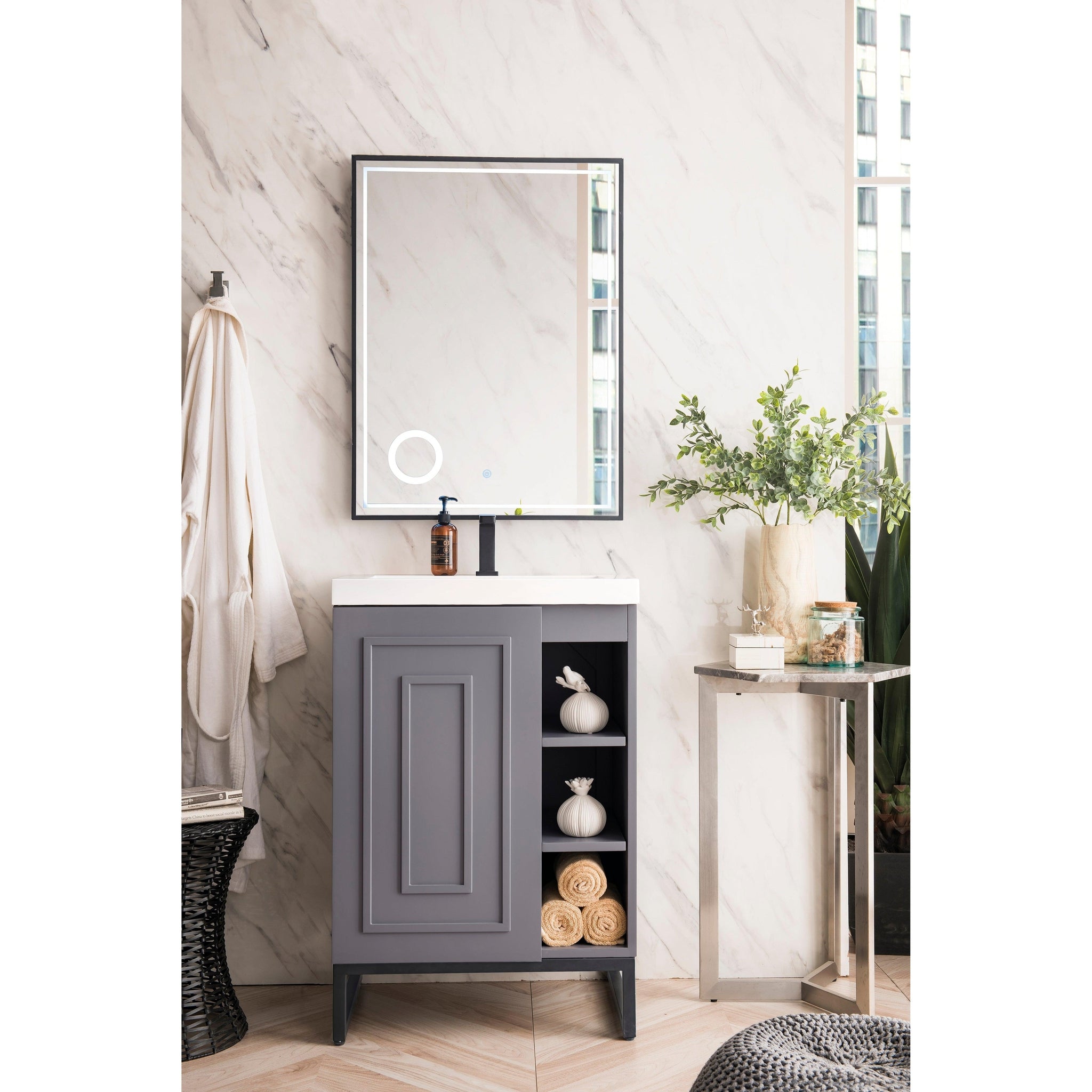 James Martin Vanities, James Martin Vanities Alicante 24" Grey Smoke, Matte Black Single Vanity Cabinet With White Glossy Composite Countertop