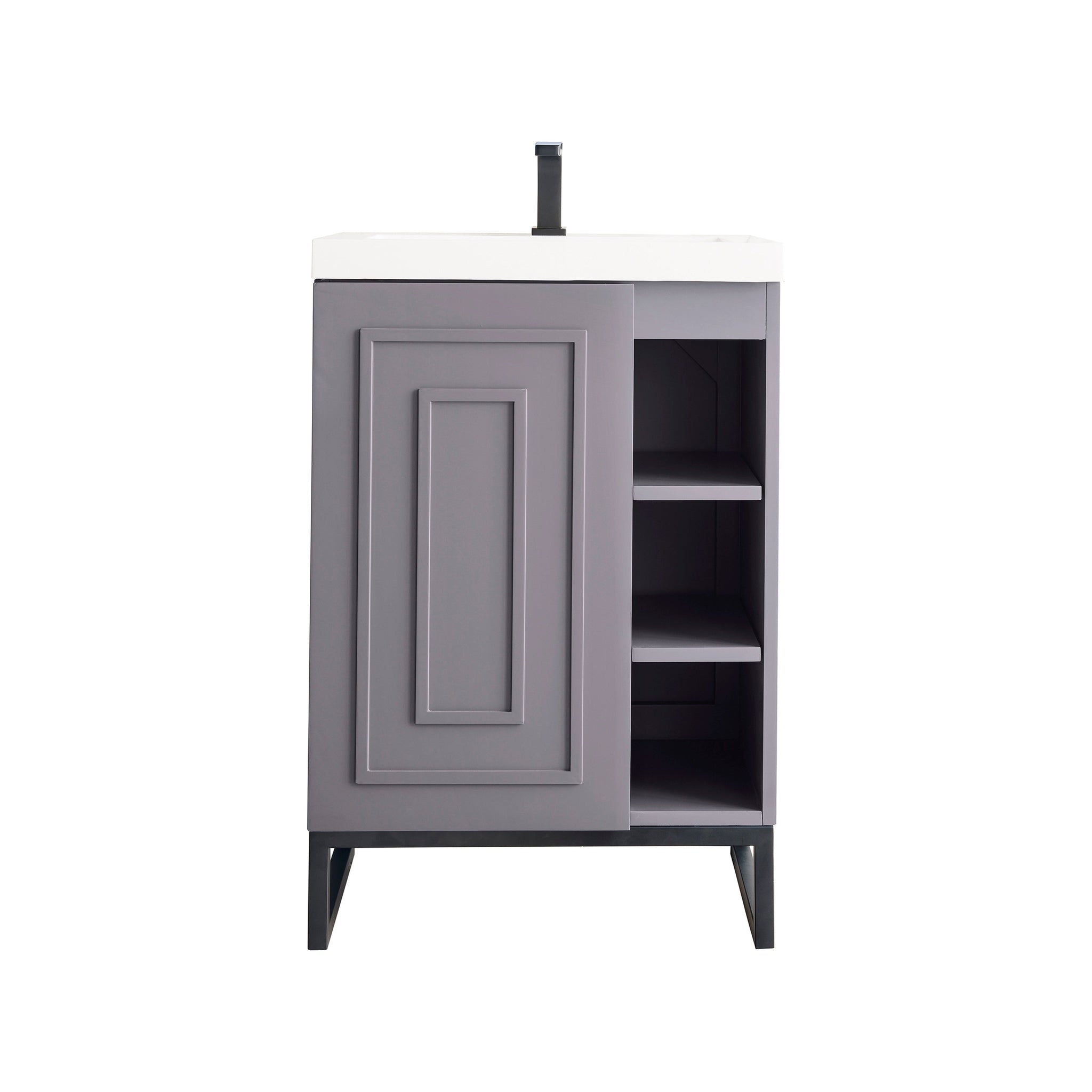 James Martin Vanities, James Martin Vanities Alicante 24" Grey Smoke, Matte Black Single Vanity Cabinet With White Glossy Composite Countertop