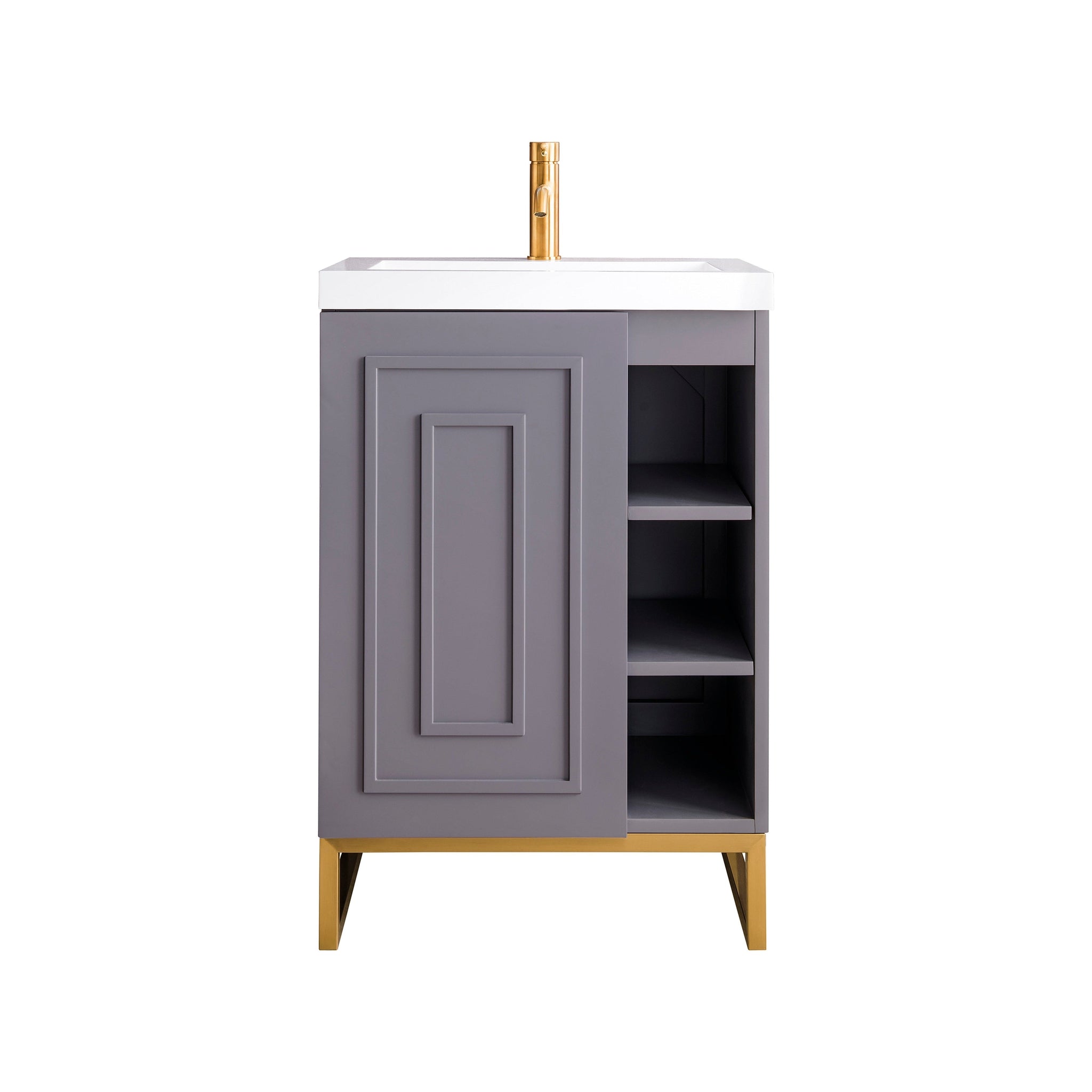 James Martin Vanities, James Martin Vanities Alicante 24" Grey Smoke, Radiant Gold Single Vanity Cabinet With White Glossy Composite Countertop