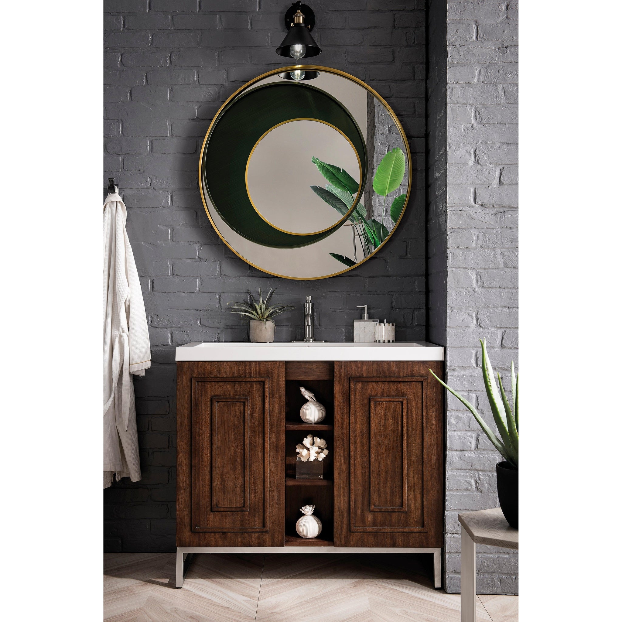 James Martin Vanities, James Martin Vanities Alicante 39.5" Mid Century Acacia, Brushed Nickel Single Vanity Cabinet With White Glossy Composite Countertop