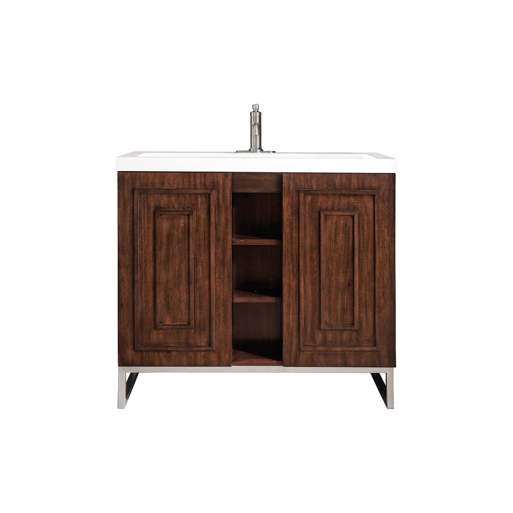 James Martin Vanities, James Martin Vanities Alicante 39.5" Mid Century Acacia, Brushed Nickel Single Vanity Cabinet With White Glossy Composite Countertop