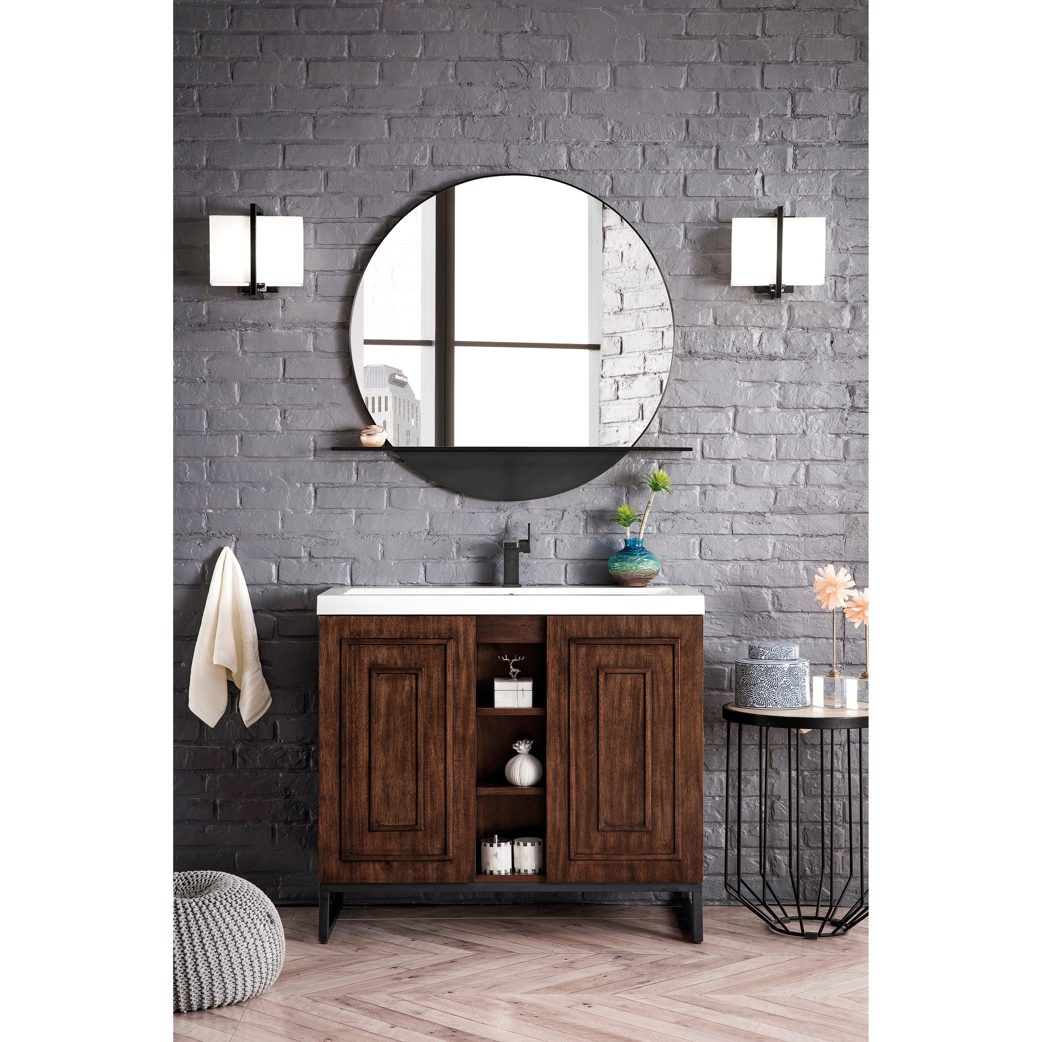 James Martin Vanities, James Martin Vanities Alicante 39.5" Mid Century Acacia, Matte Black Single Vanity Cabinet With White Glossy Composite Countertop