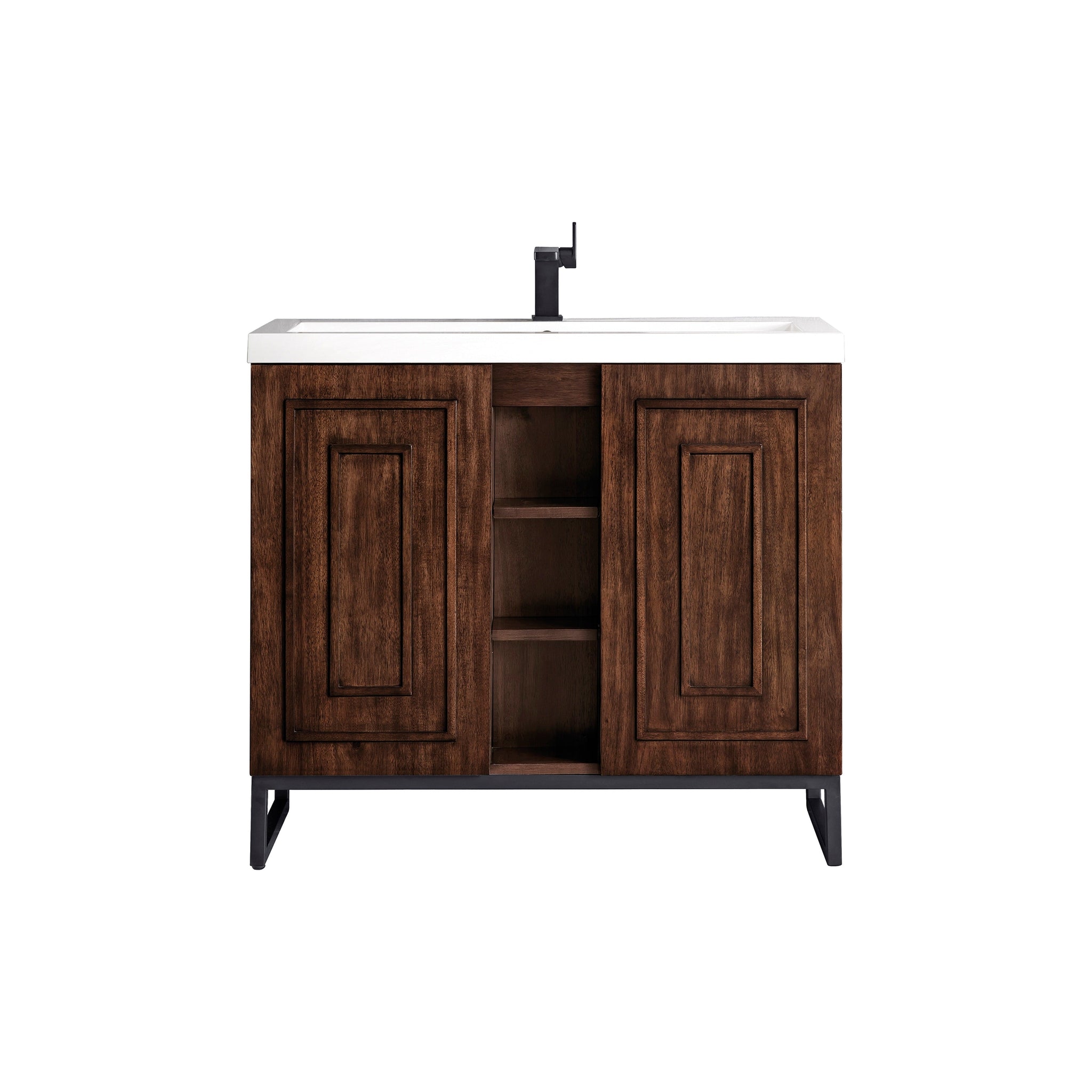 James Martin Vanities, James Martin Vanities Alicante 39.5" Mid Century Acacia, Matte Black Single Vanity Cabinet With White Glossy Composite Countertop