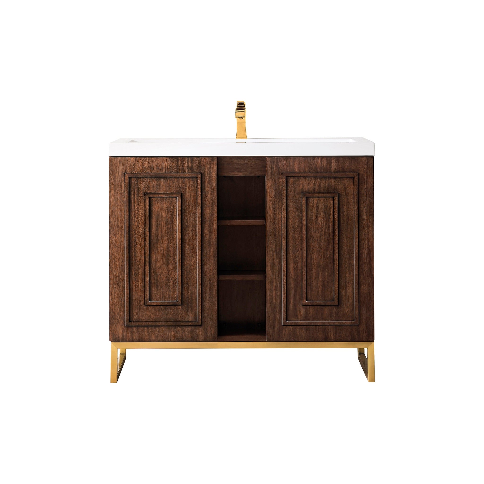 James Martin Vanities, James Martin Vanities Alicante 39.5" Mid Century Acacia, Radiant Gold Single Vanity Cabinet With White Glossy Composite Countertop