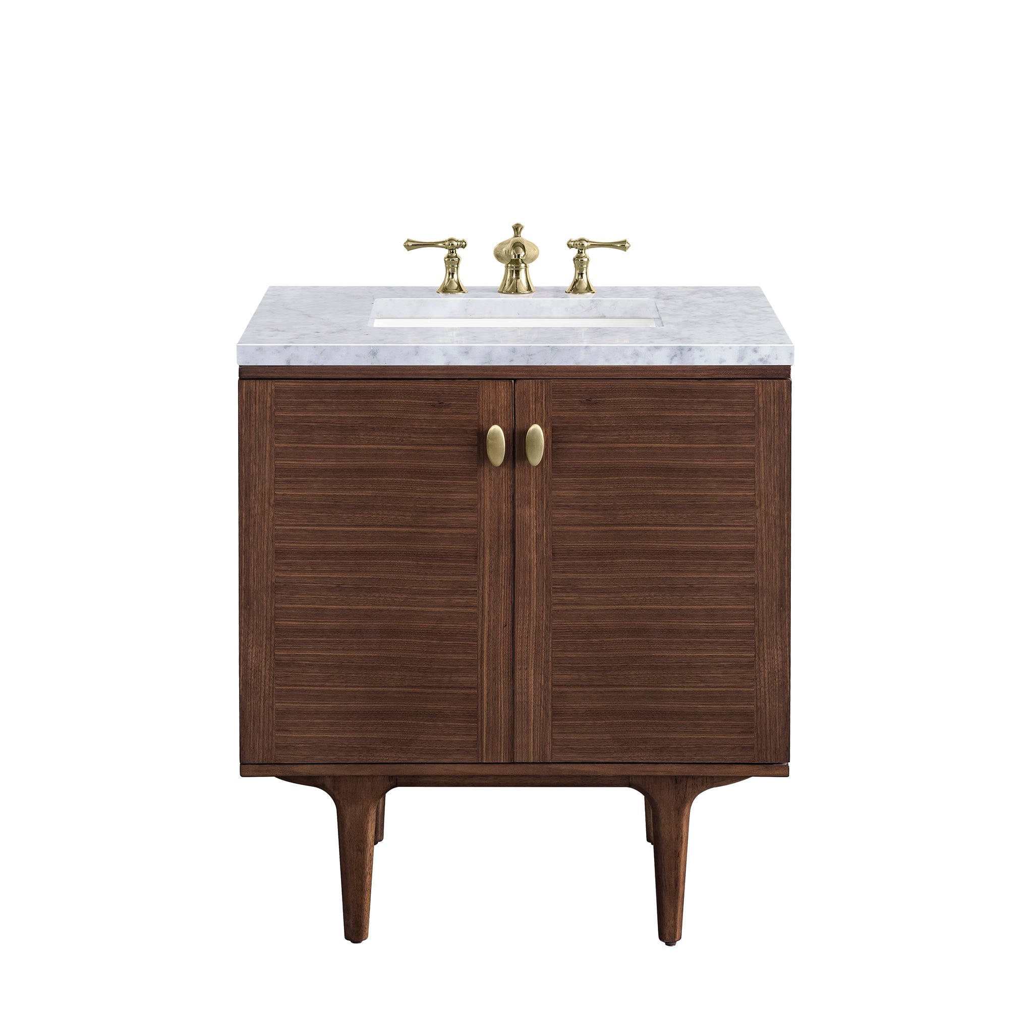 James Martin Vanities, James Martin Vanities Amberly 30" Mid-Century Walnut Single Vanity With 3cm Carrara Marble Top