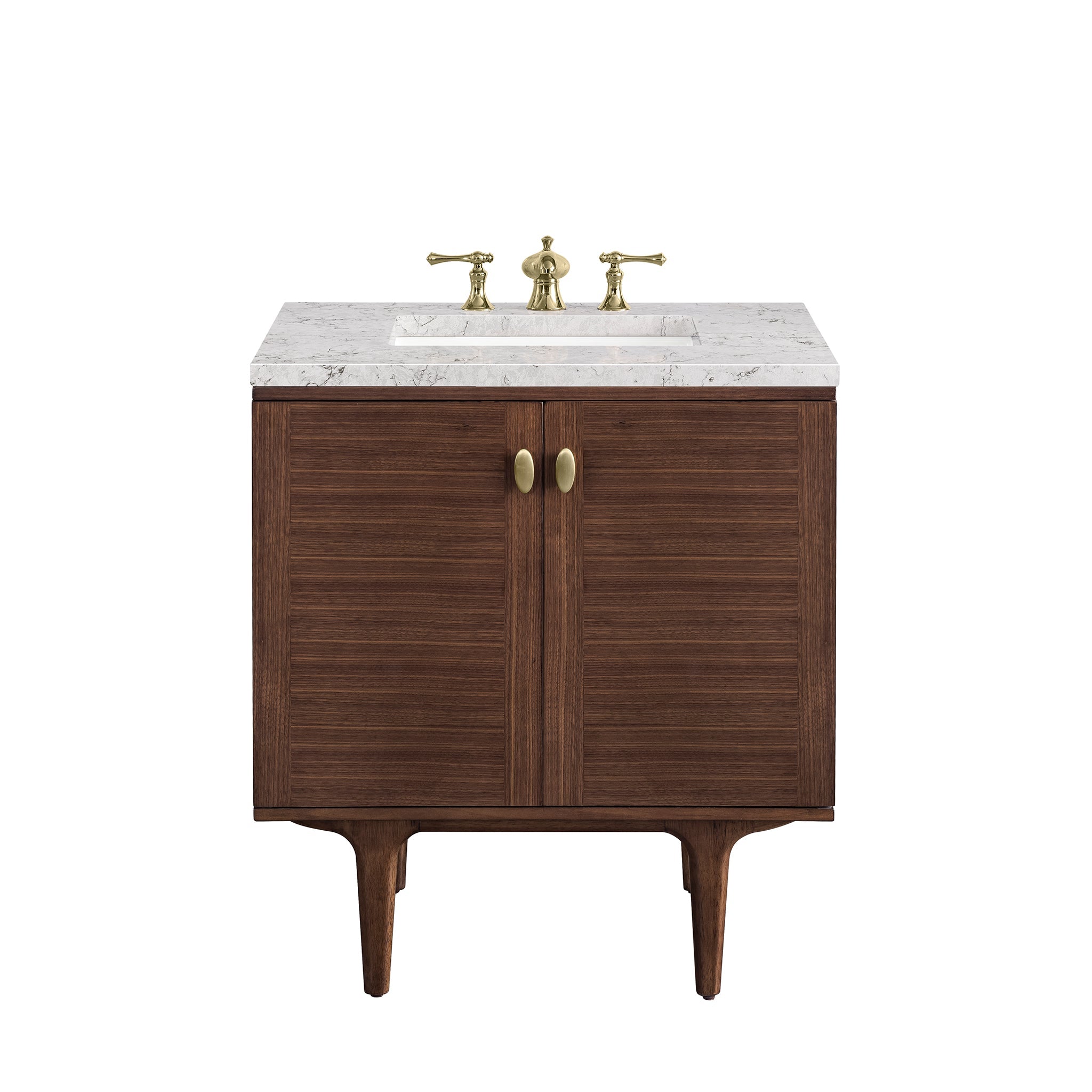 James Martin Vanities, James Martin Vanities Amberly 30" Mid-Century Walnut Single Vanity With 3cm Eternal Jasmine Pearl Top