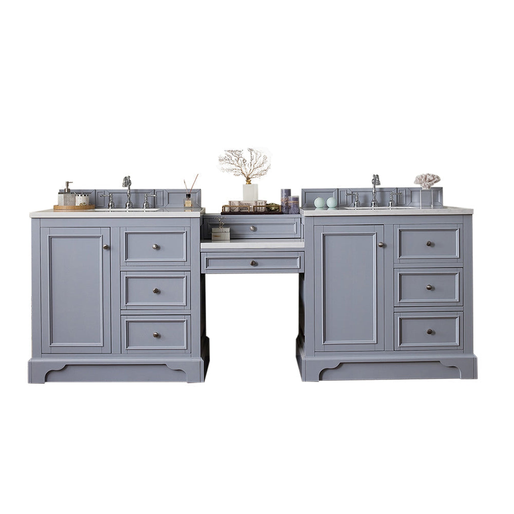 James Martin Vanities, James Martin Vanities De Soto 94" Silver Gray Double Vanity Set With Makeup Table, 3cm Carrara Marble Top