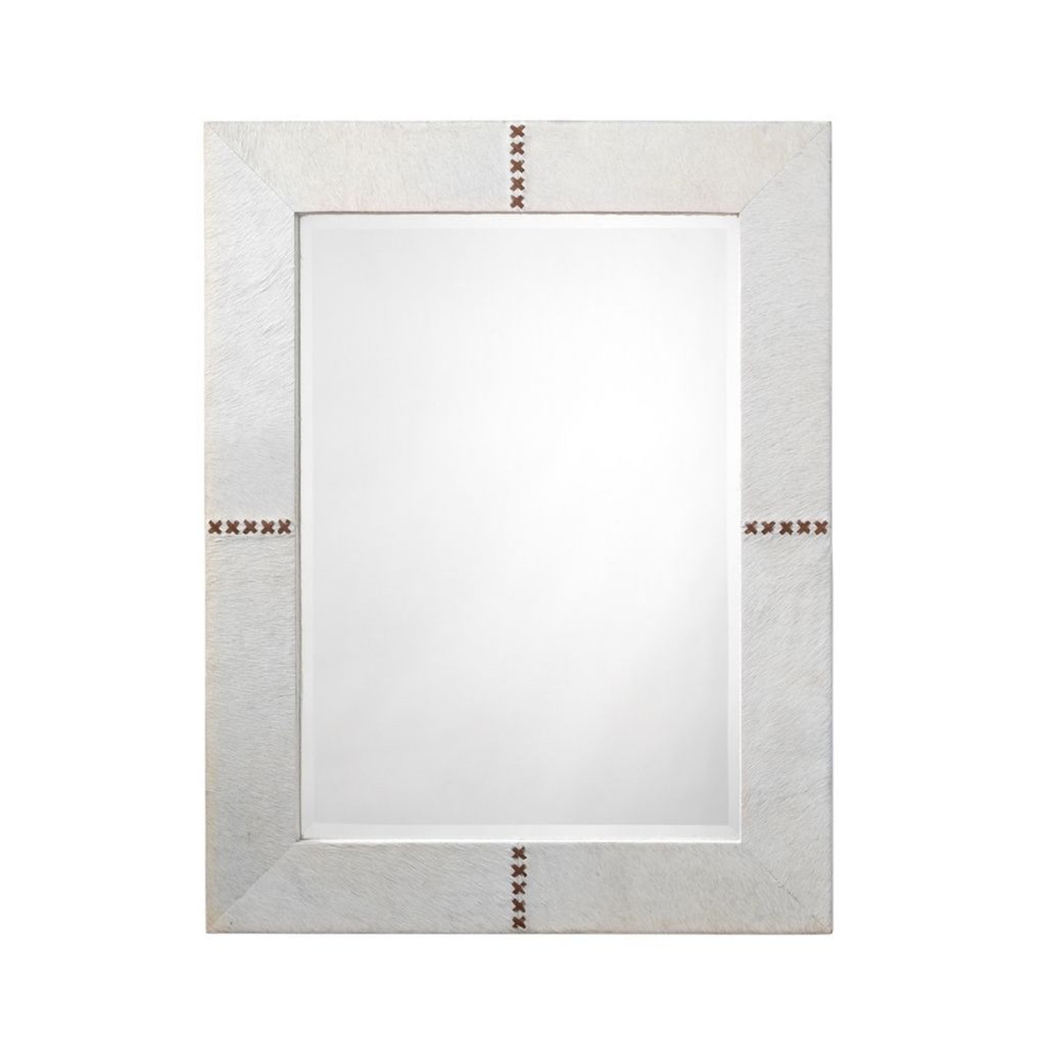 Jamie Young Co., Jamie Young Stitch 28" x 36" Rectangle Mirror With White Hide Frame With Leather Brown Stitching Accents