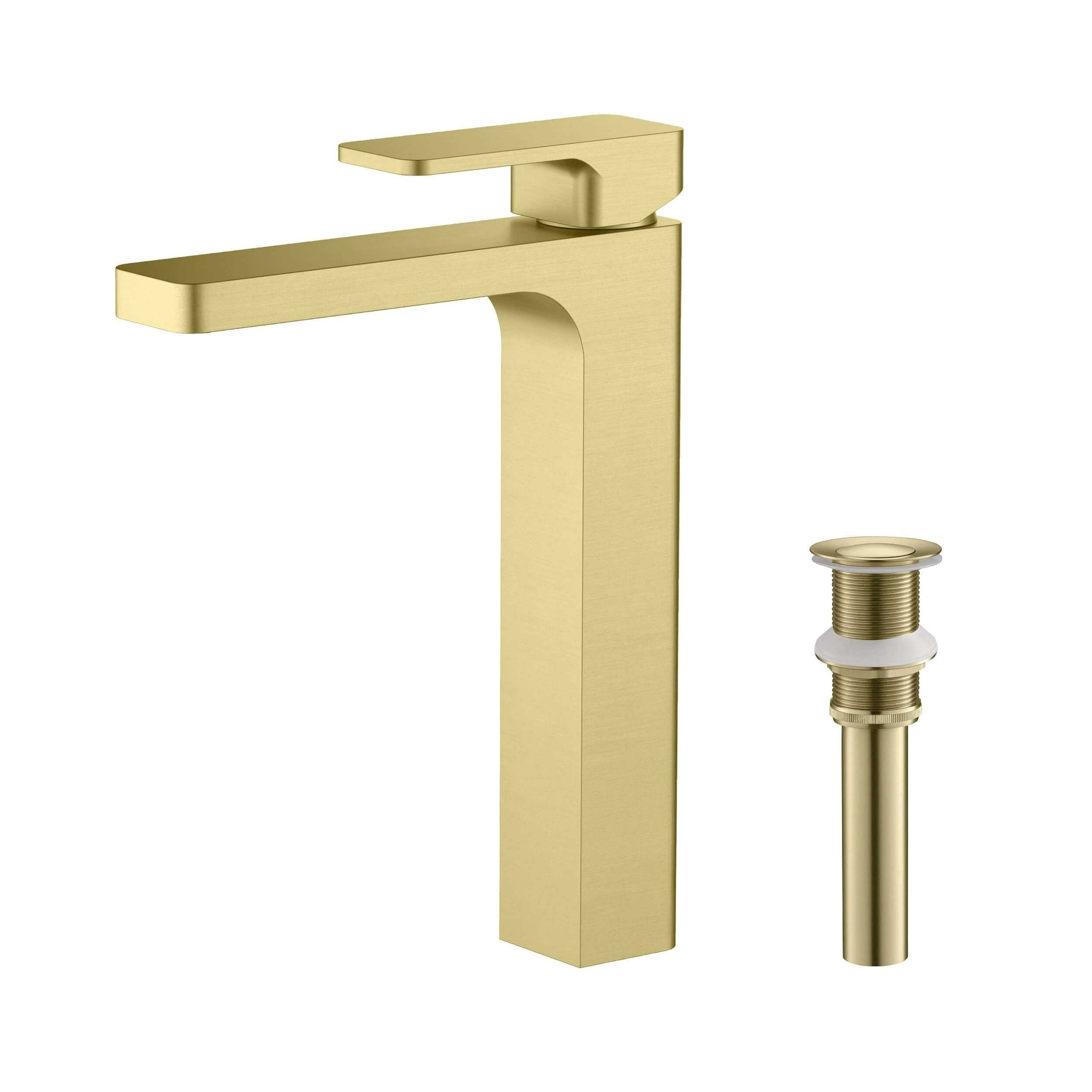 KIBI, KIBI Blaze-T Single Handle Brushed Gold Solid Brass Bathroom Vessel Sink Faucet With Pop-Up Drain Stopper Small Cover Without Overflow