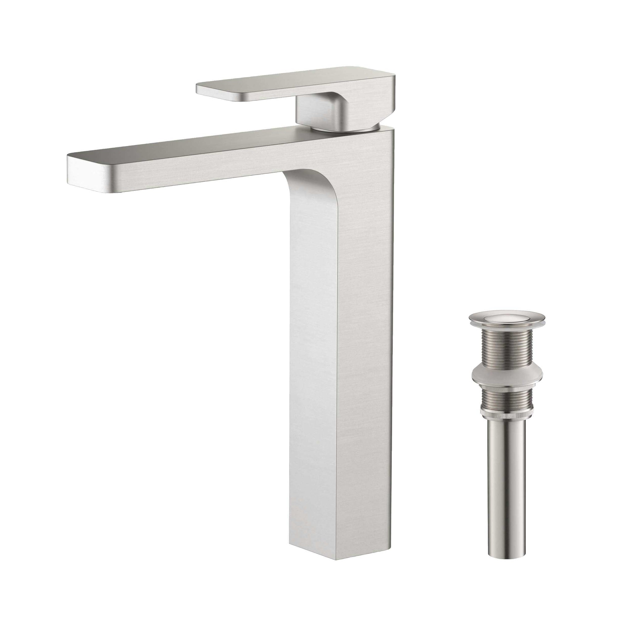 KIBI, KIBI Blaze-T Single Handle Brushed Nickel Solid Brass Bathroom Vessel Sink Faucet With Pop-Up Drain Stopper Small Cover Without Overflow
