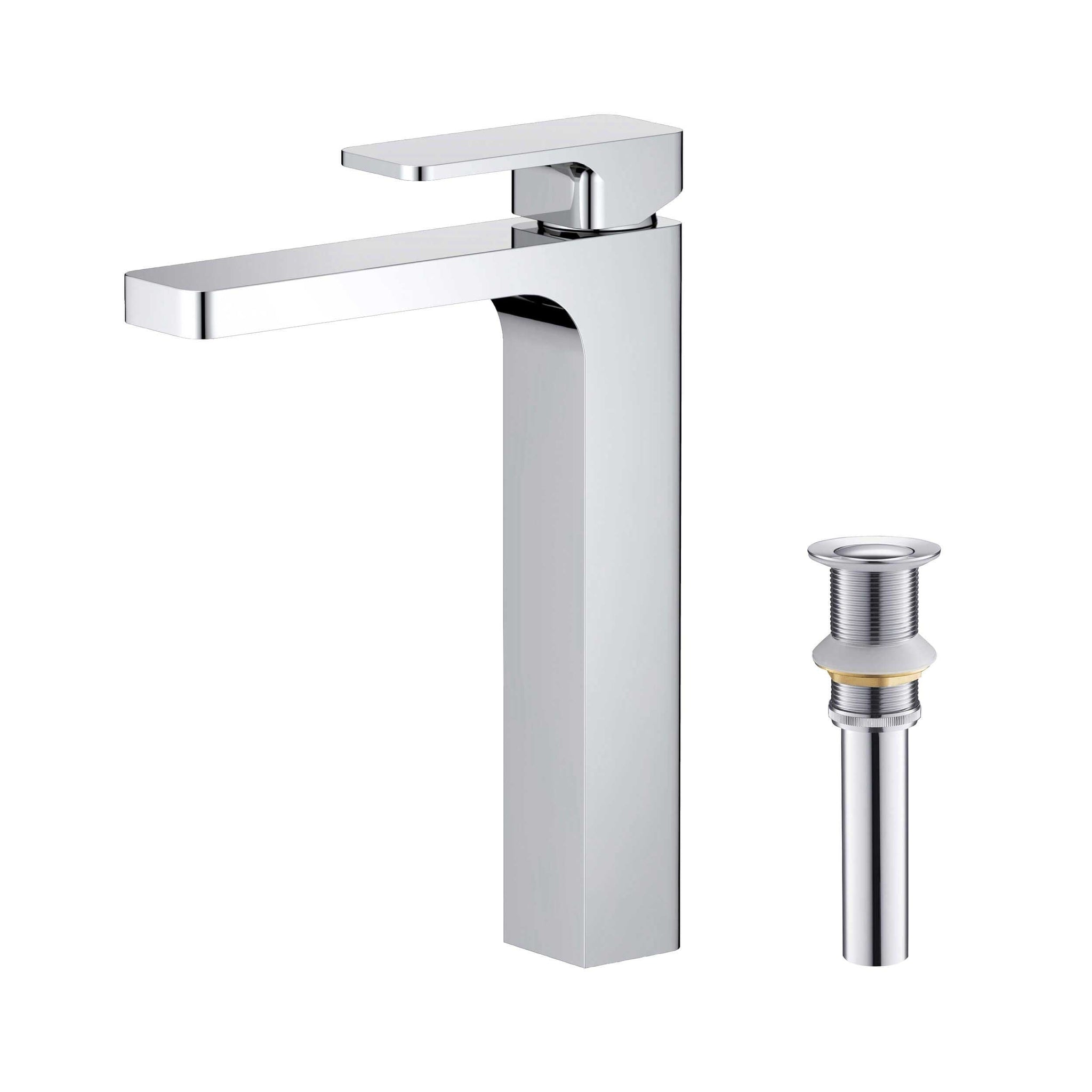 KIBI, KIBI Blaze-T Single Handle Chrome Solid Brass Bathroom Vessel Sink Faucet With Pop-Up Drain Stopper Small Cover Without Overflow