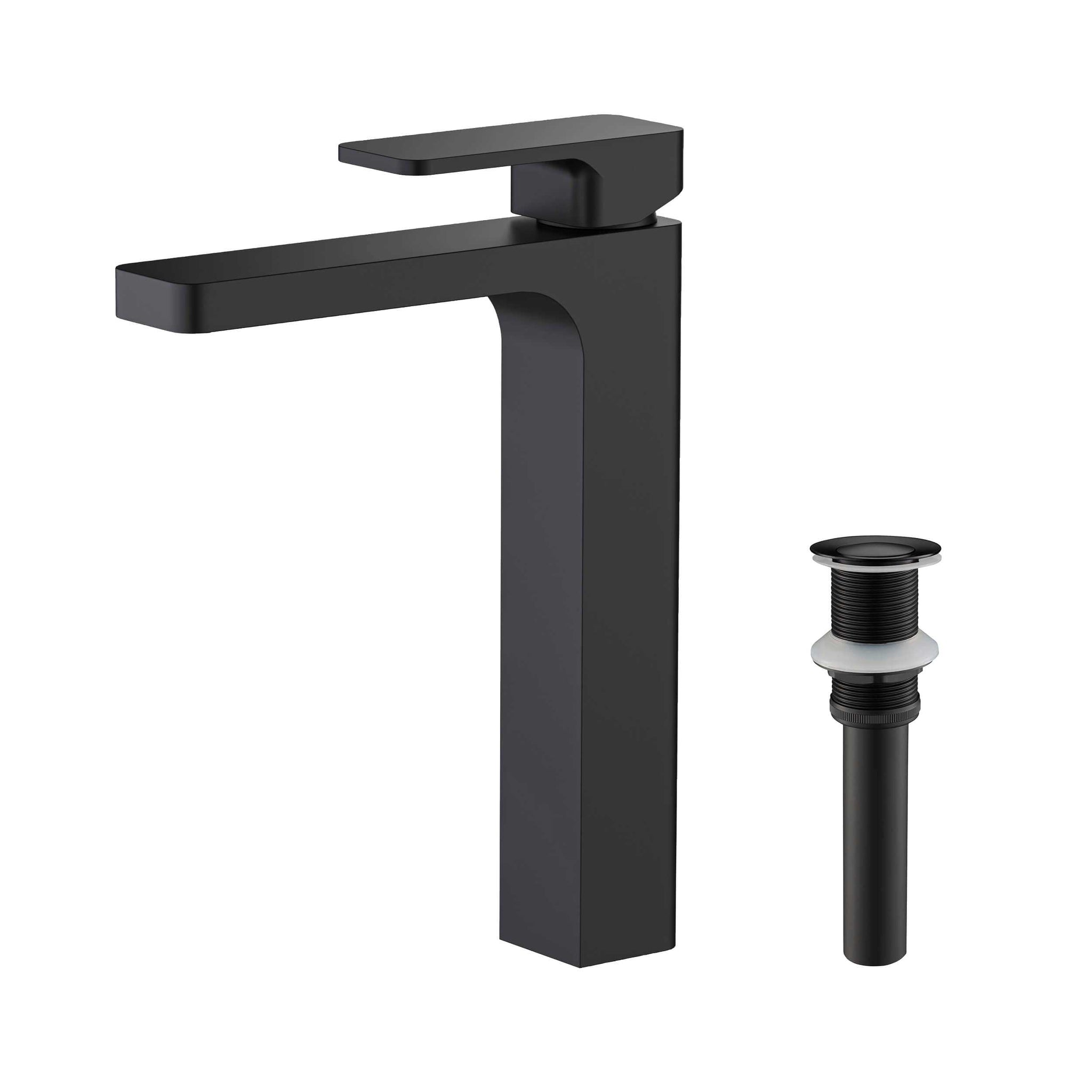 KIBI, KIBI Blaze-T Single Handle Matte Black Solid Brass Bathroom Vessel Sink Faucet With Pop-Up Drain Stopper Small Cover Without Overflow
