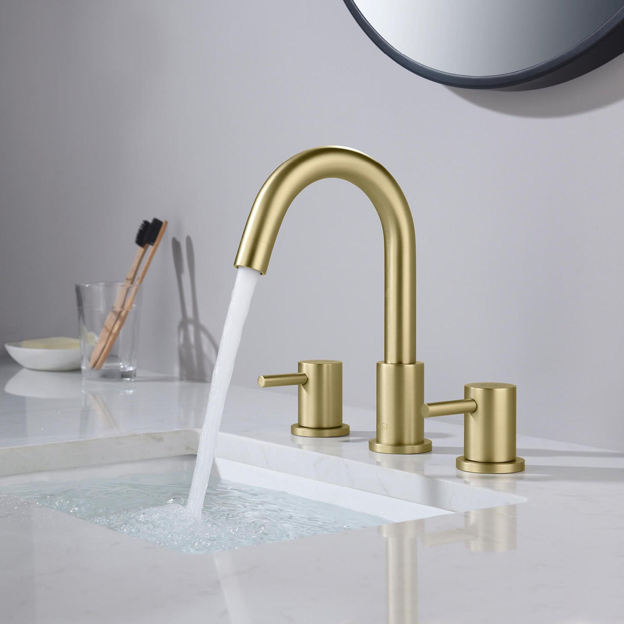 KIBI, KIBI Circular 8" Widespread 2-Handle Brushed Gold Solid Brass Bathroom Sink Faucet With Pop-Up Drain