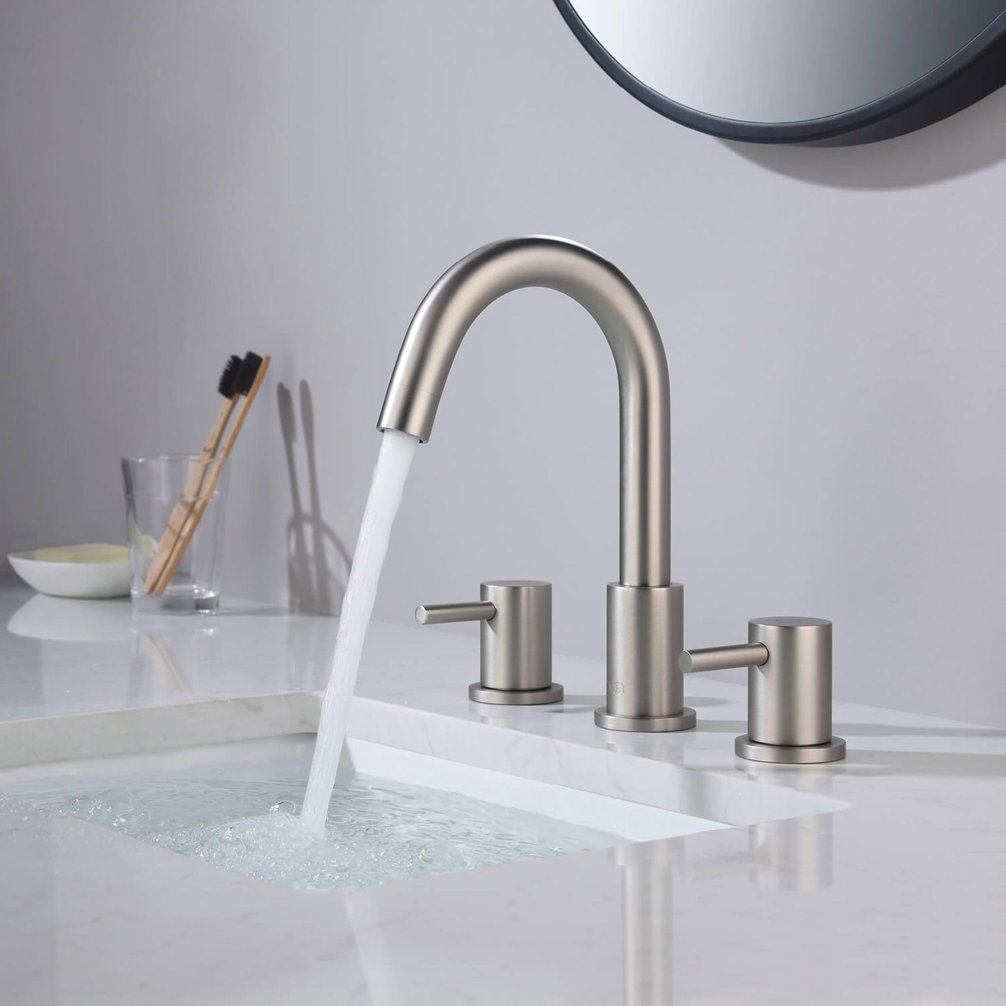 KIBI, KIBI Circular 8" Widespread 2-Handle Brushed Nickel Solid Brass Bathroom Sink Faucet With Pop-Up Drain