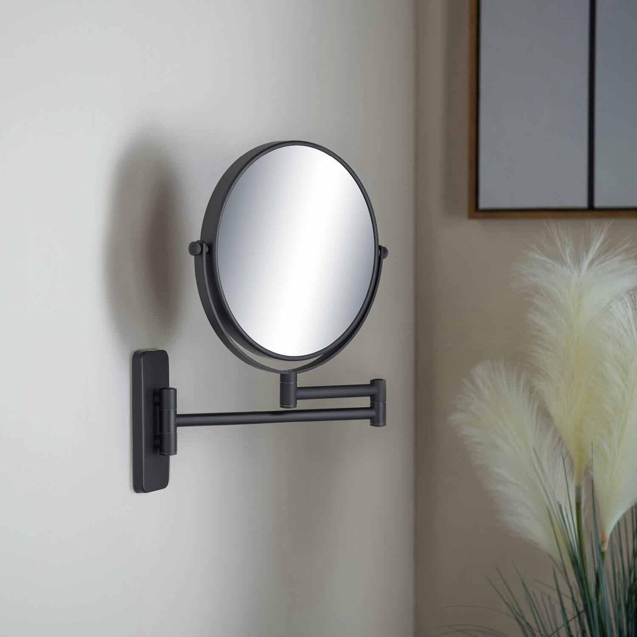 KIBI, KIBI Circular Brass Bathroom Magnifying Makeup Shaving Mirror in Matte Black Frame Finish