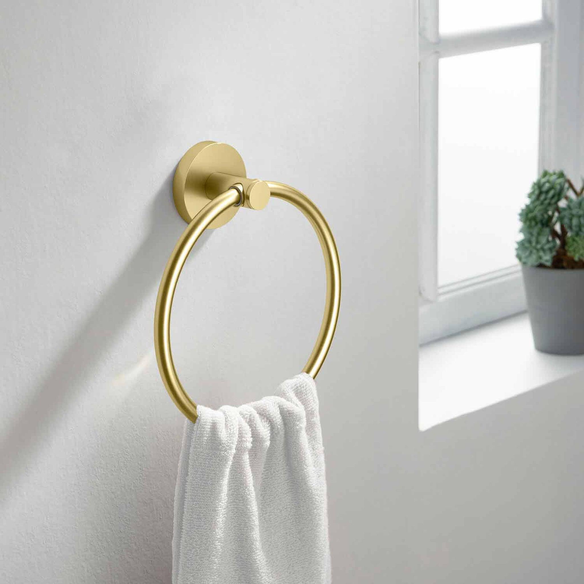 KIBI, KIBI Circular Brass Bathroom Towel Ring in Brushed Gold Finish