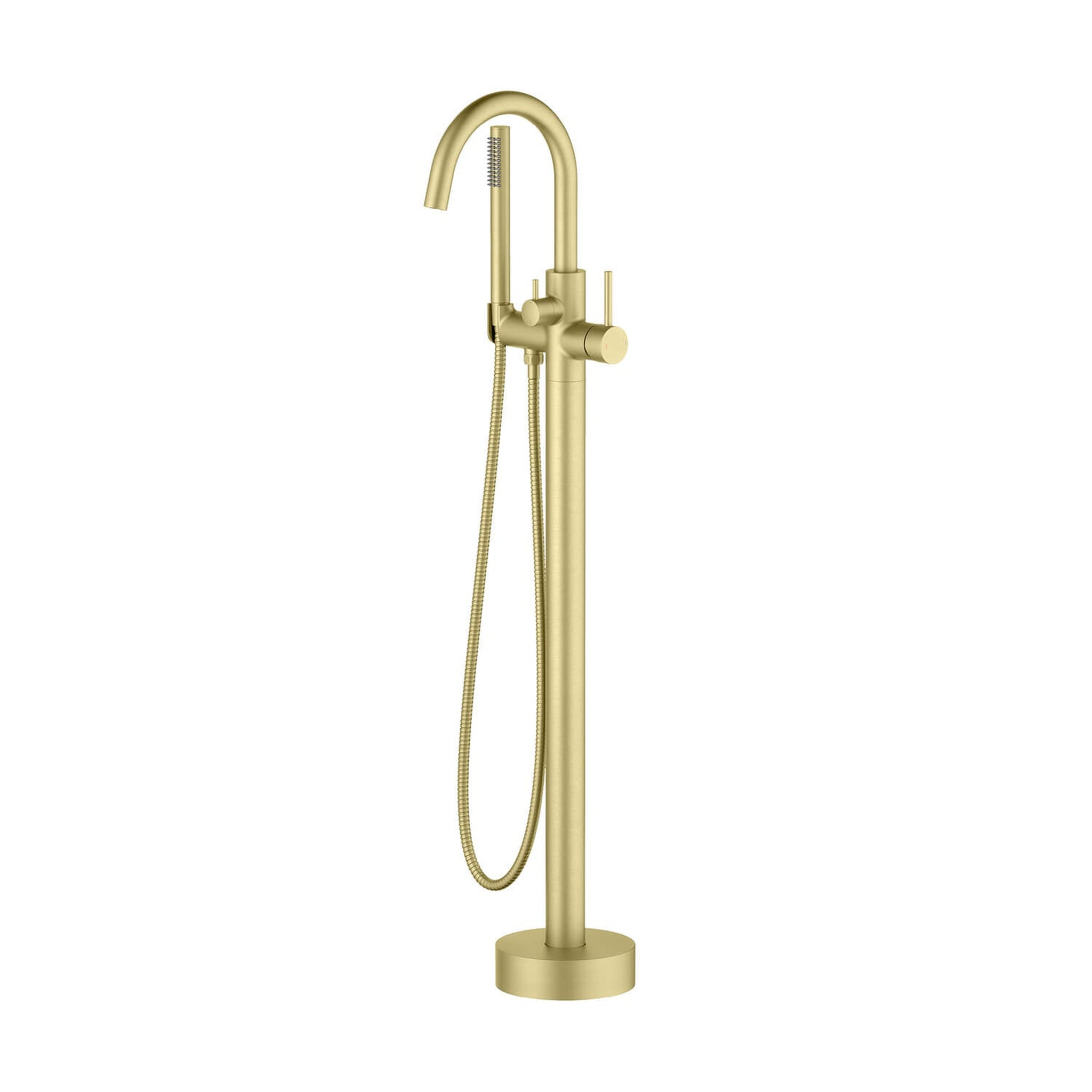 KIBI, KIBI Circular Brass Single Handle Floor Mounted Freestanding Tub Filler With Hand Shower in Brushed Gold Finish