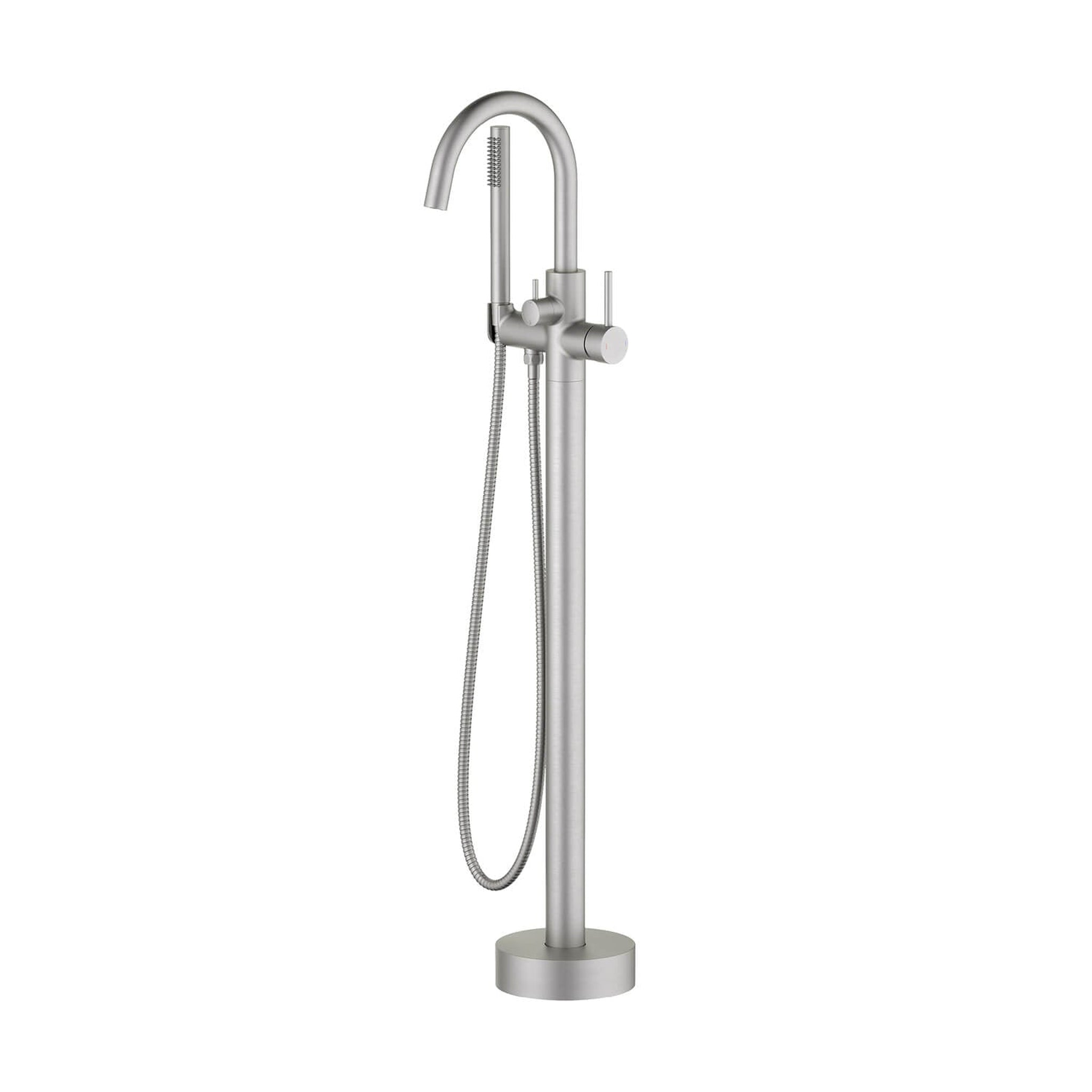 KIBI, KIBI Circular Brass Single Handle Floor Mounted Freestanding Tub Filler With Hand Shower in Brushed Nickel Finish