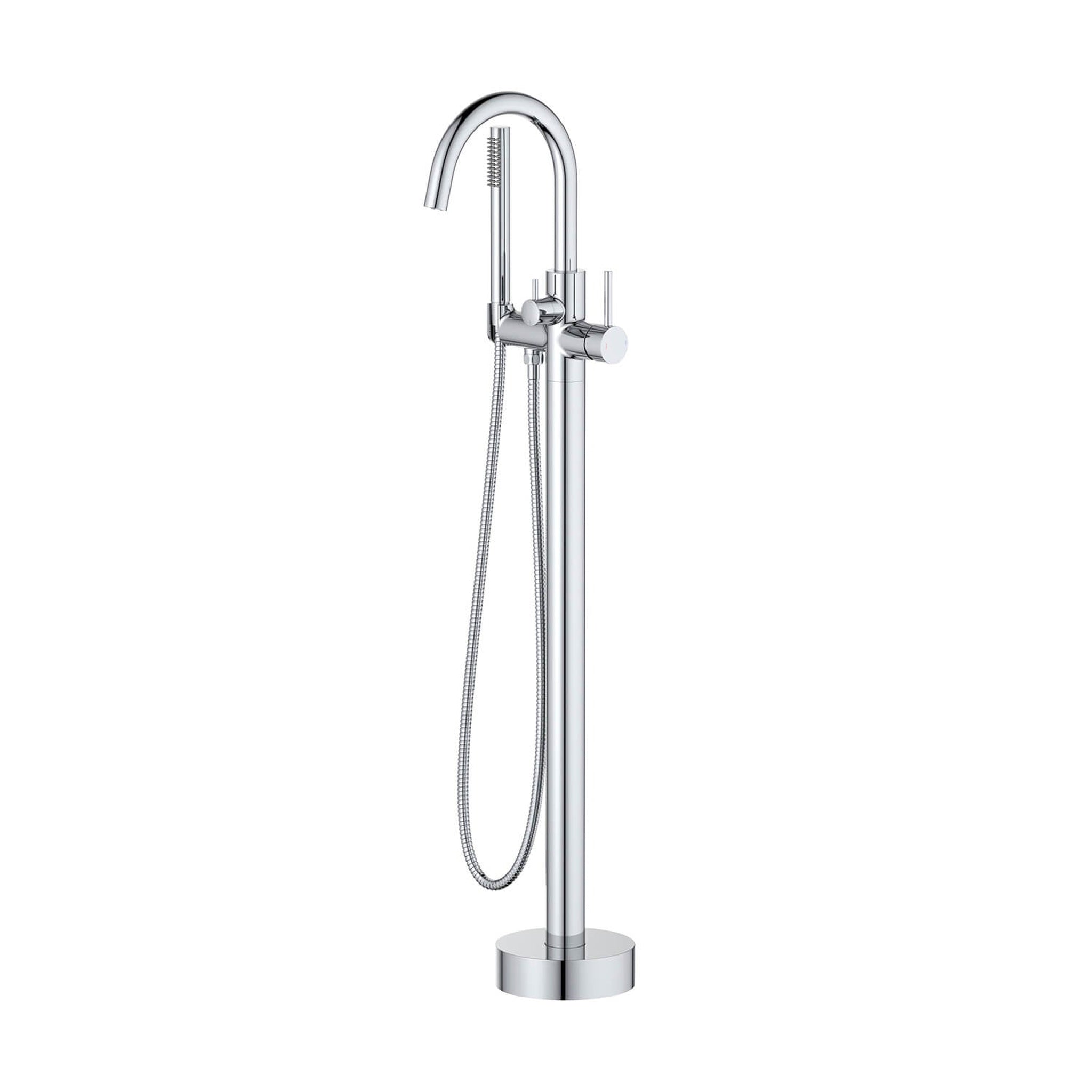 KIBI, KIBI Circular Brass Single Handle Floor Mounted Freestanding Tub Filler With Hand Shower in Chrome Finish