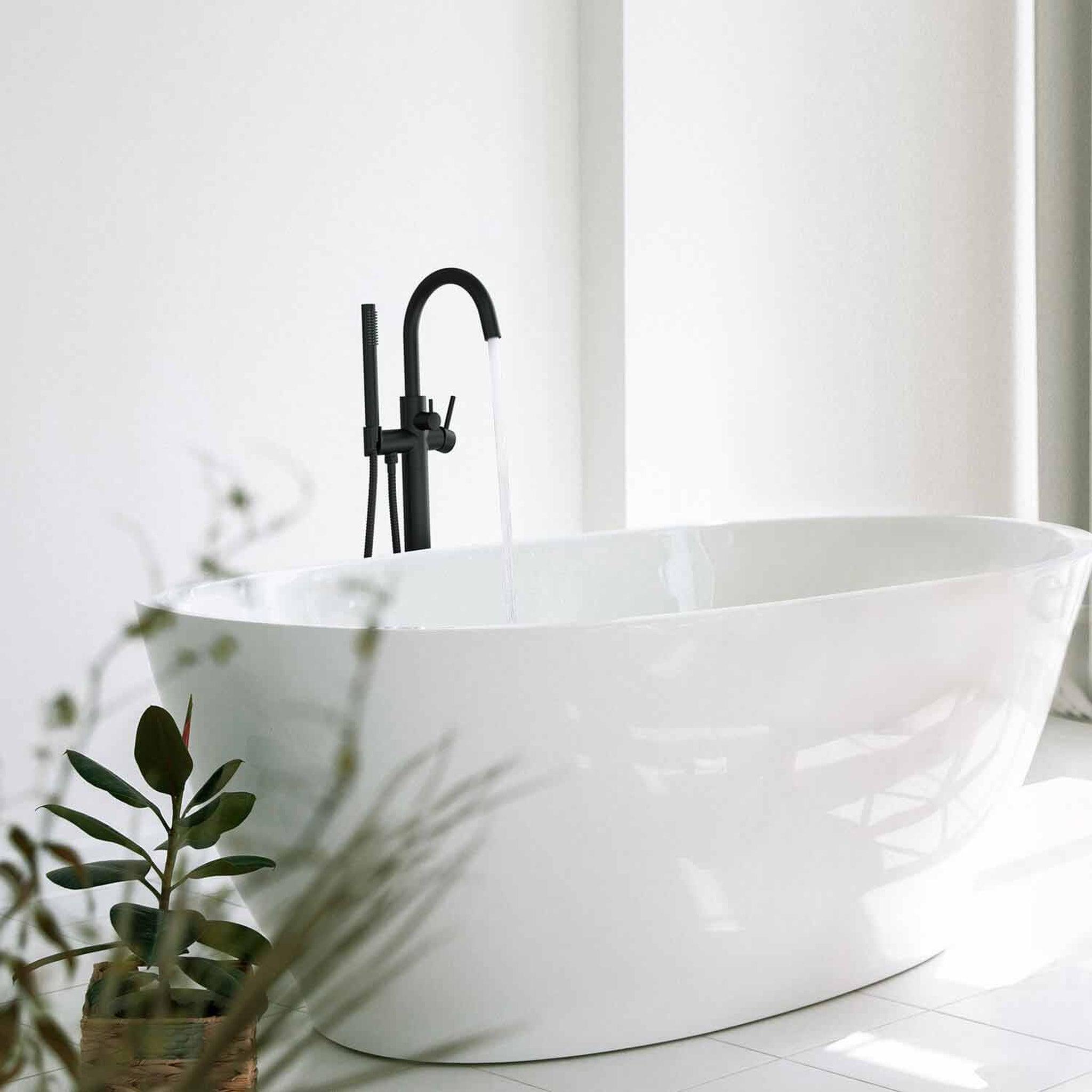 KIBI, KIBI Circular Brass Single Handle Floor Mounted Freestanding Tub Filler With Hand Shower in Matte Black Finish