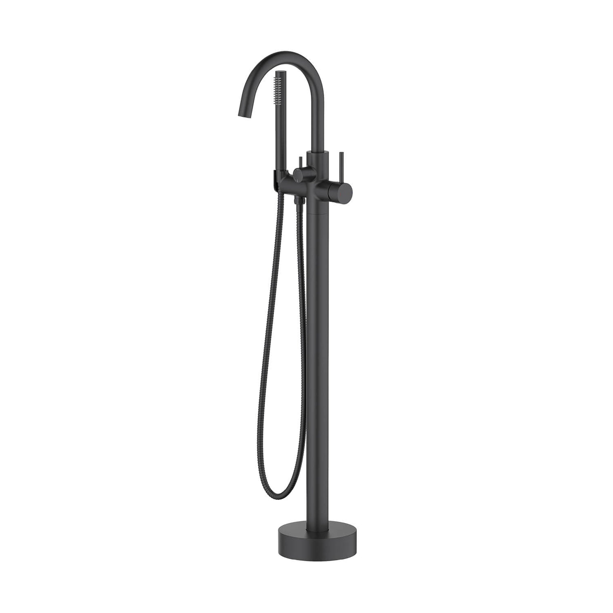 KIBI, KIBI Circular Brass Single Handle Floor Mounted Freestanding Tub Filler With Hand Shower in Matte Black Finish