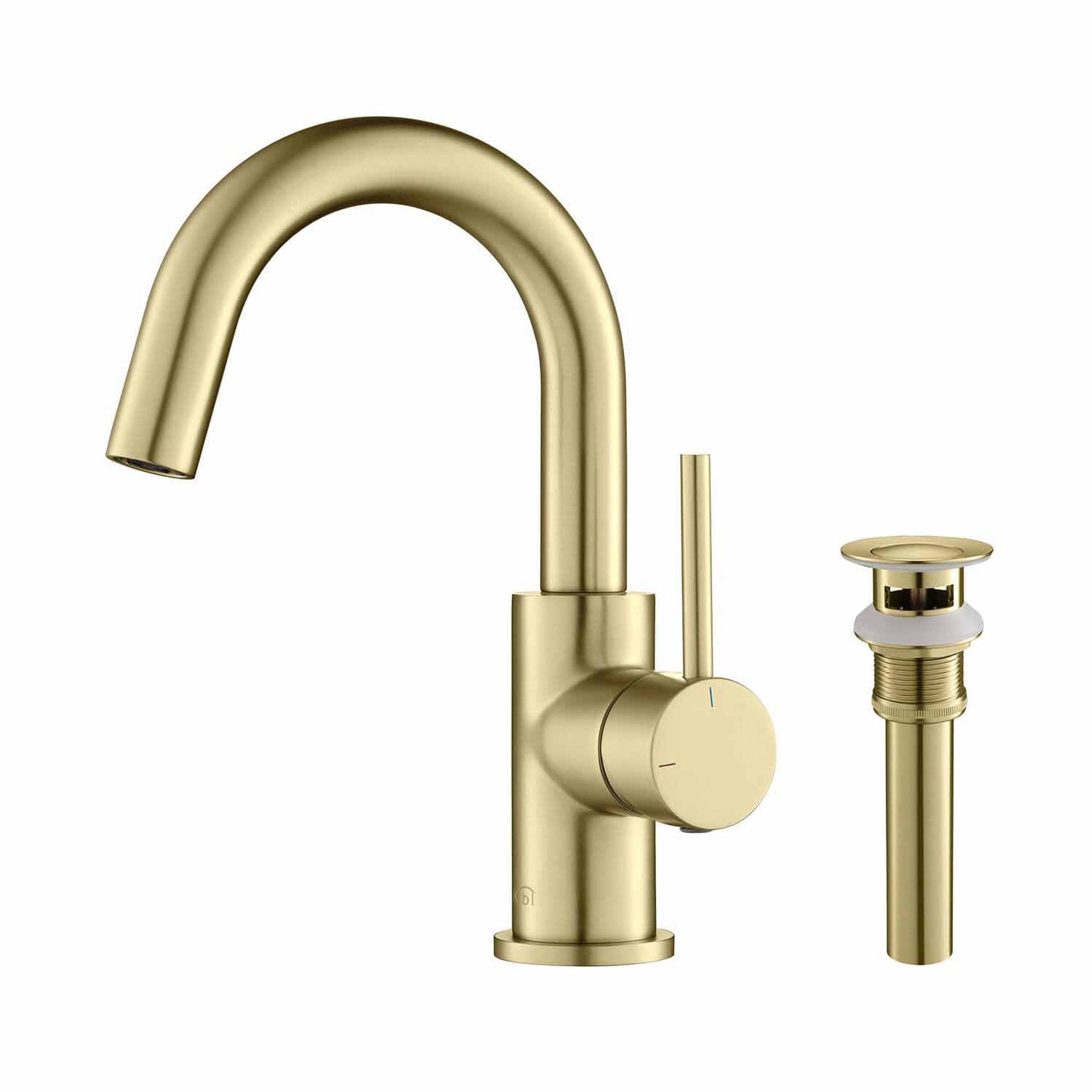 KIBI, KIBI Circular High-Arc Single Handle Brushed Gold Solid Brass Bathroom Sink Faucet With Pop-Up Drain Stopper Small Cover With Overflow