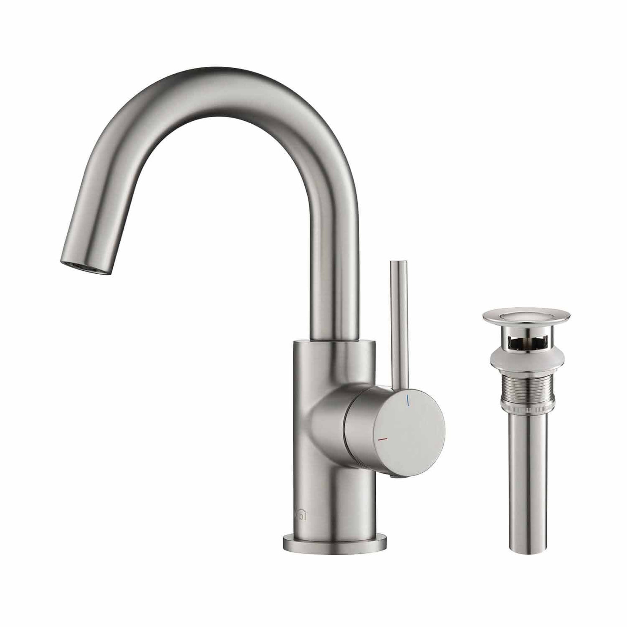 KIBI, KIBI Circular High-Arc Single Handle Brushed Nickel Solid Brass Bathroom Sink Faucet With Pop-Up Drain Stopper Small Cover With Overflow