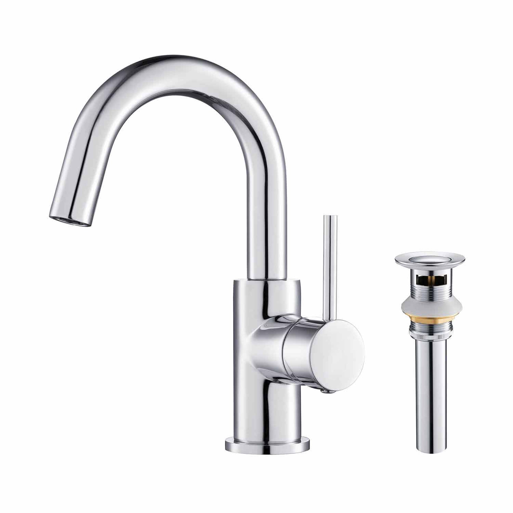 KIBI, KIBI Circular High-Arc Single Handle Chrome Solid Brass Bathroom Sink Faucet With Pop-Up Drain Stopper Small Cover With Overflow