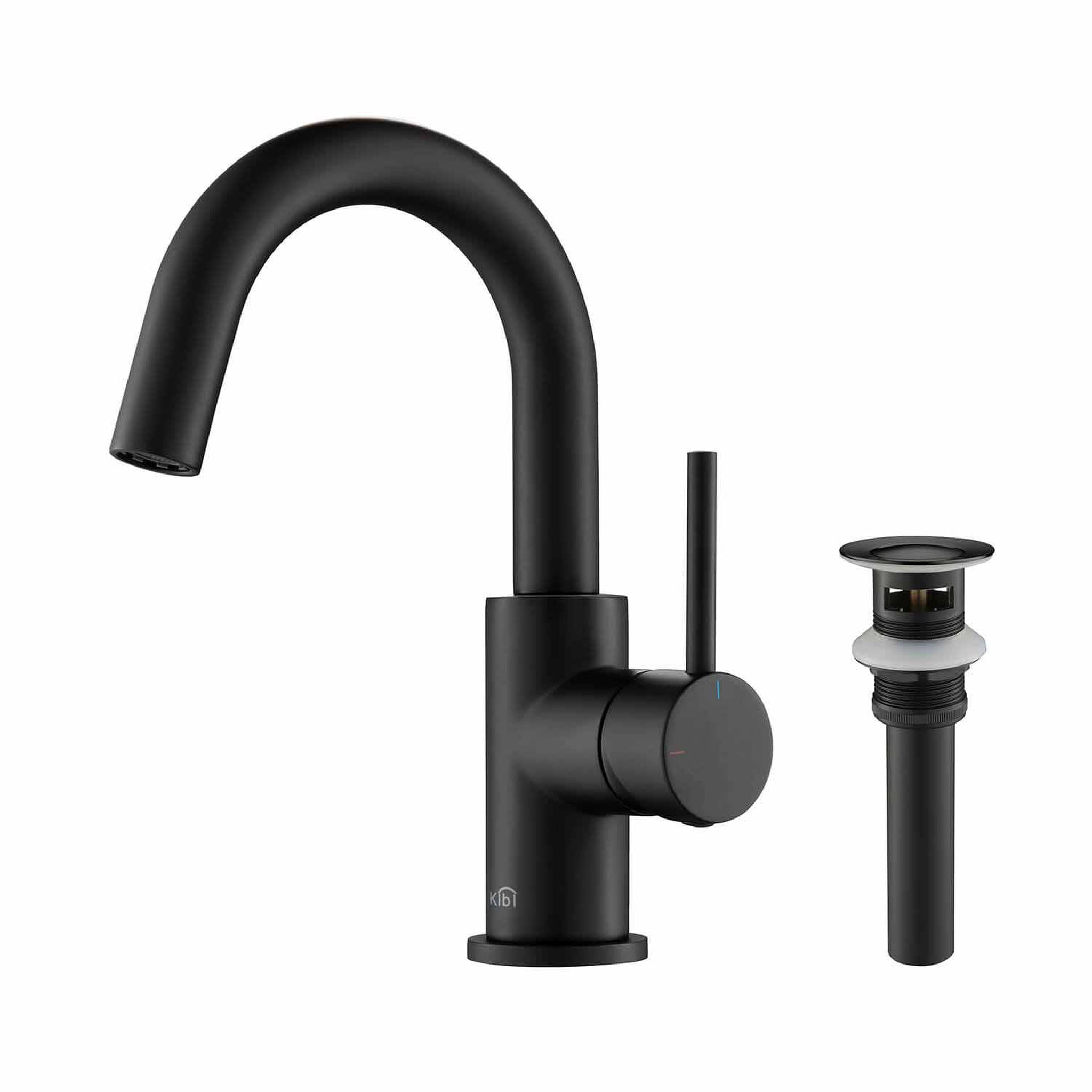 KIBI, KIBI Circular High-Arc Single Handle Matte Black Solid Brass Bathroom Sink Faucet With Pop-Up Drain Stopper Small Cover With Overflow