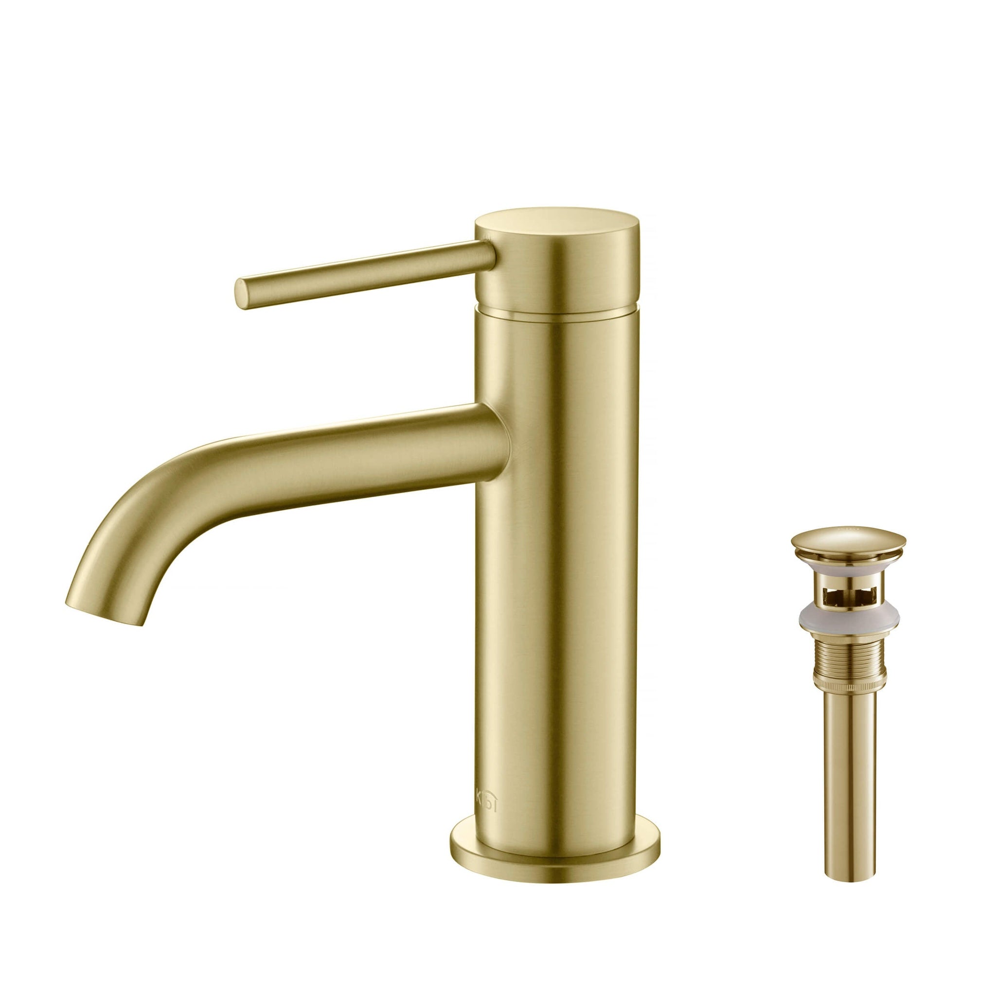 KIBI, KIBI Circular Single Handle Brushed Gold Solid Brass Bathroom Sink Faucet With Pop-Up Drain Stopper Small Cover With Overflow