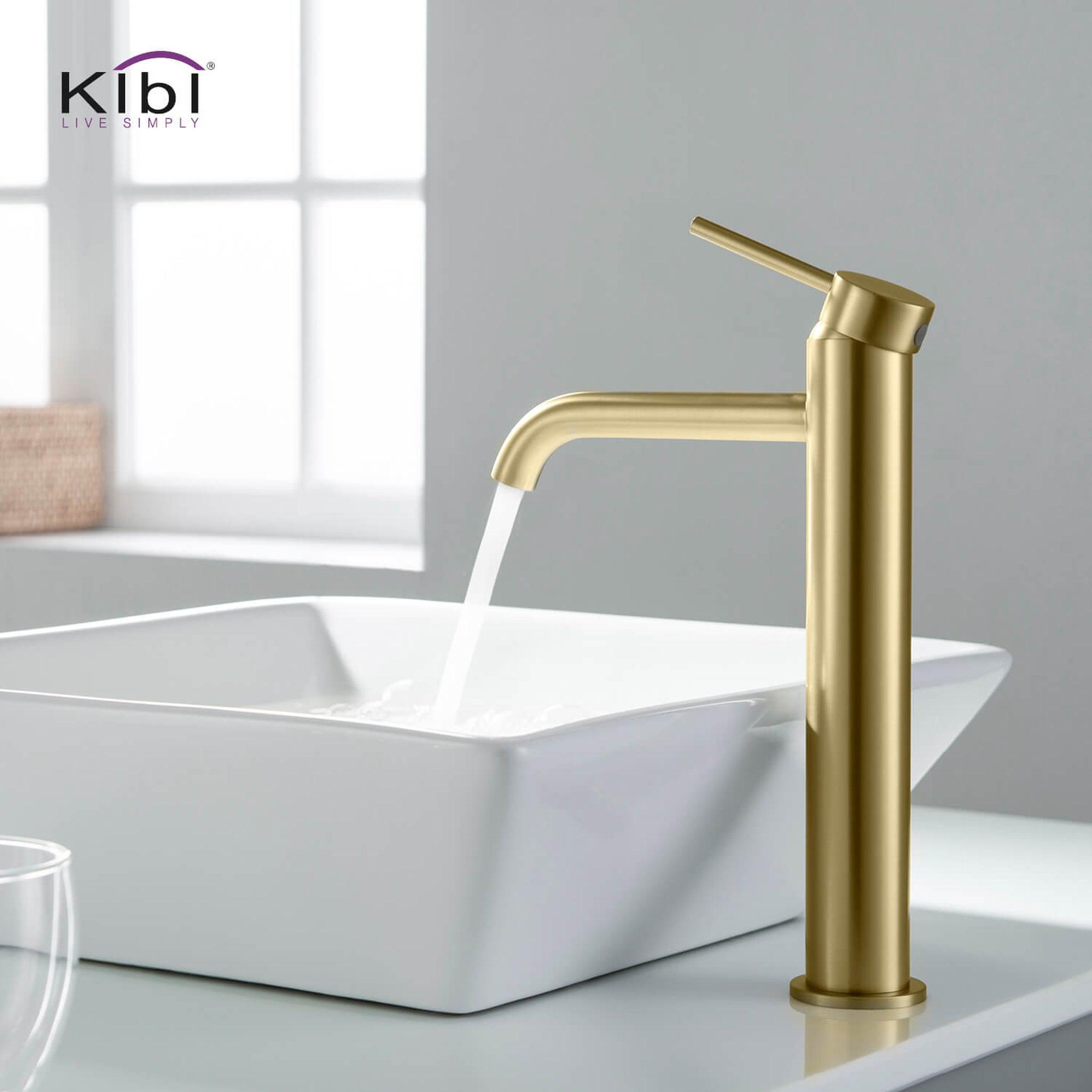 KIBI, KIBI Circular Single Handle Brushed Gold Solid Brass Bathroom Vessel Sink Faucet