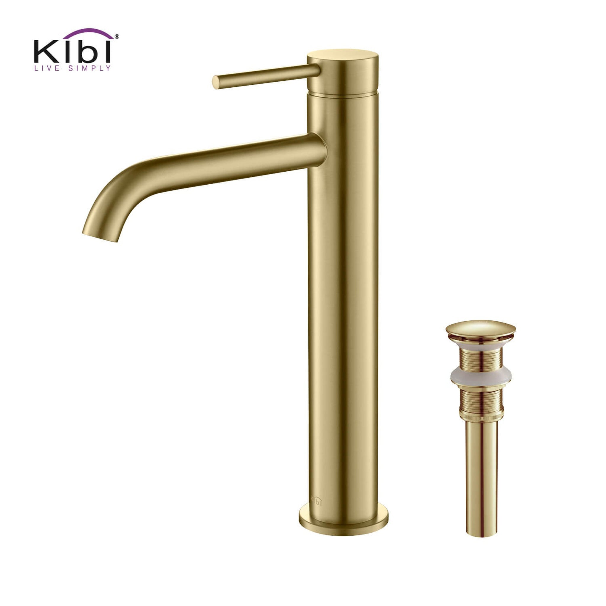 KIBI, KIBI Circular Single Handle Brushed Gold Solid Brass Bathroom Vessel Sink Faucet With Pop-Up Drain Stopper Small Cover Without Overflow
