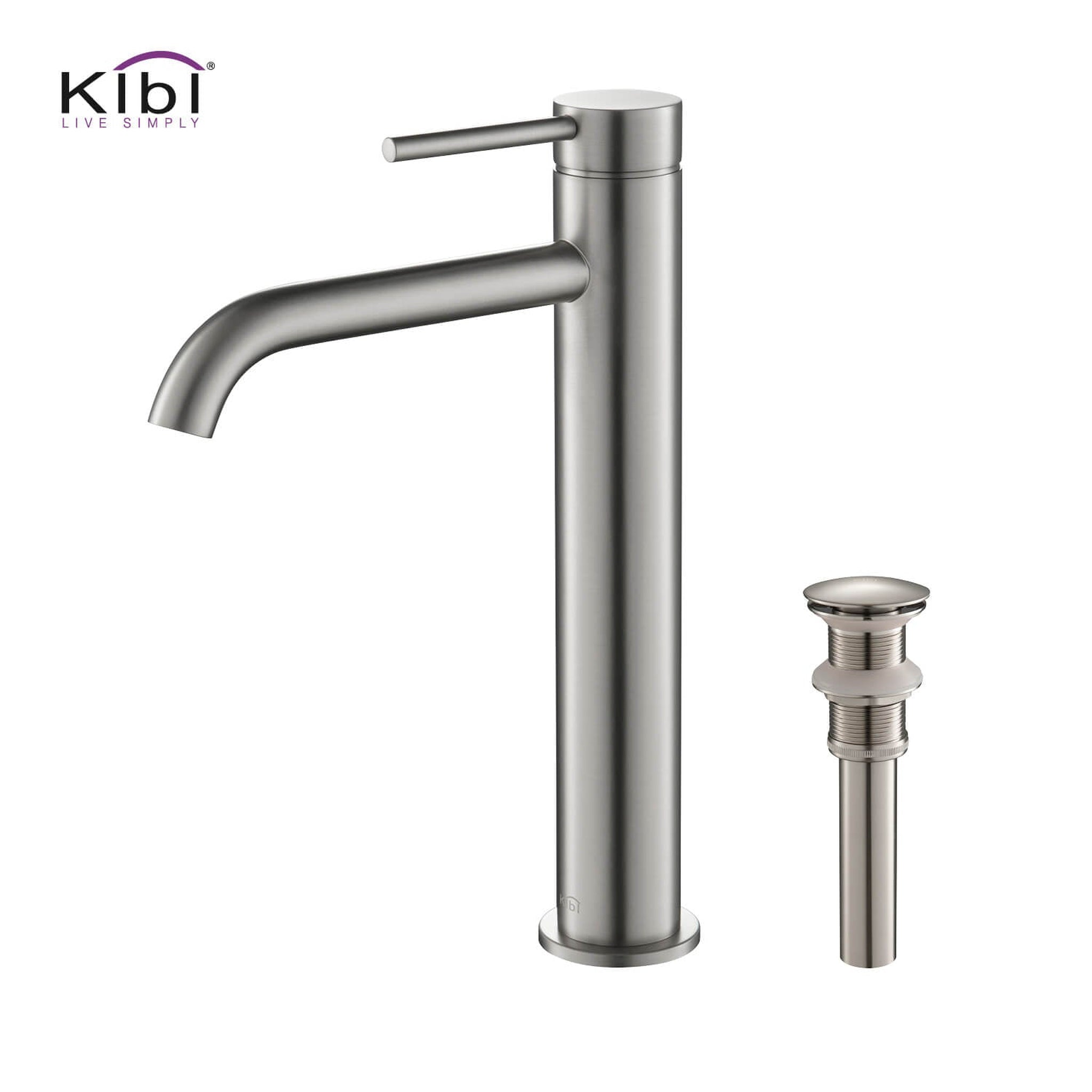 KIBI, KIBI Circular Single Handle Brushed Nickel Solid Brass Bathroom Vessel Sink Faucet With Pop-Up Drain Stopper Small Cover Without Overflow