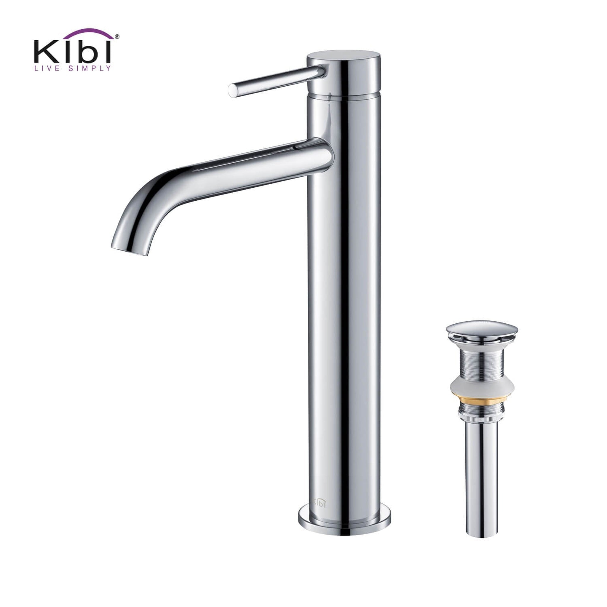KIBI, KIBI Circular Single Handle Chrome Solid Brass Bathroom Vessel Sink Faucet With Pop-Up Drain Stopper Small Cover Without Overflow