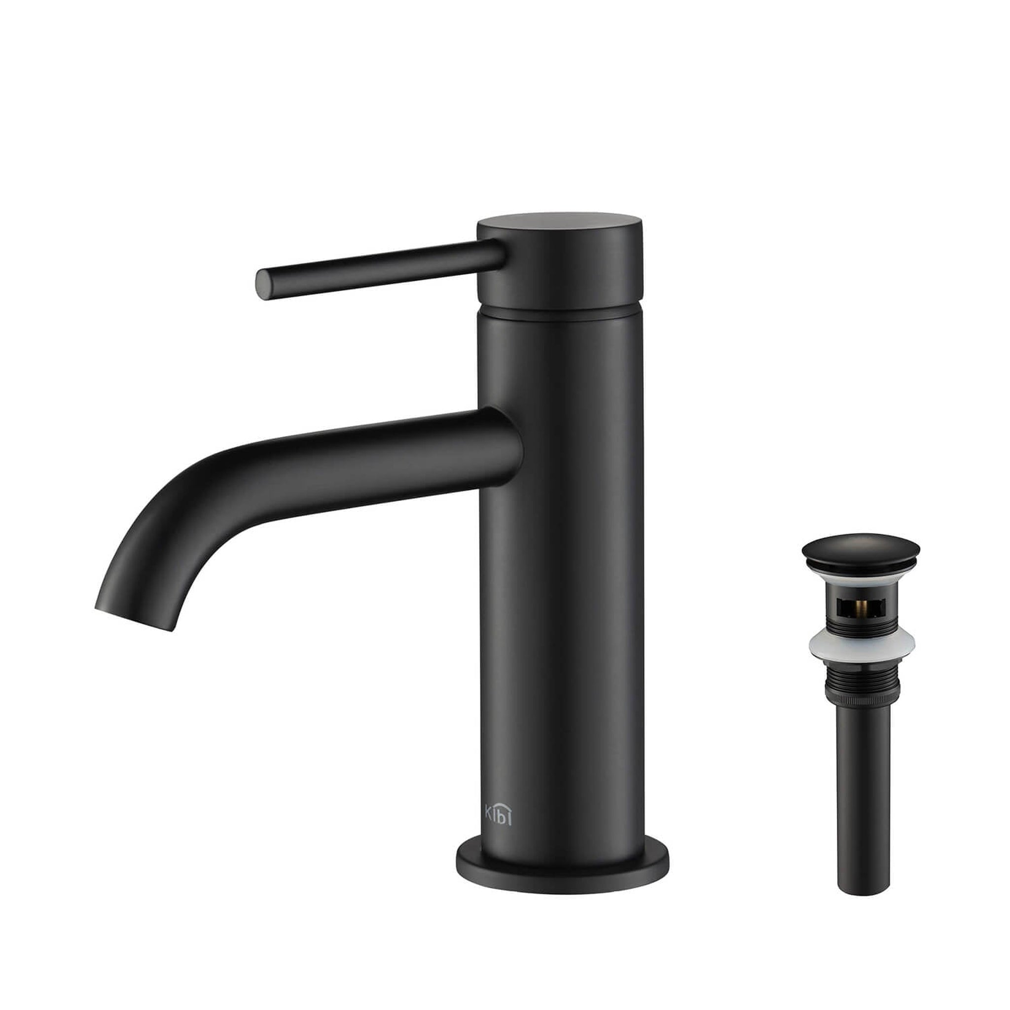 KIBI, KIBI Circular Single Handle Matte Black Solid Brass Bathroom Sink Faucet With Pop-Up Drain Stopper Small Cover With Overflow