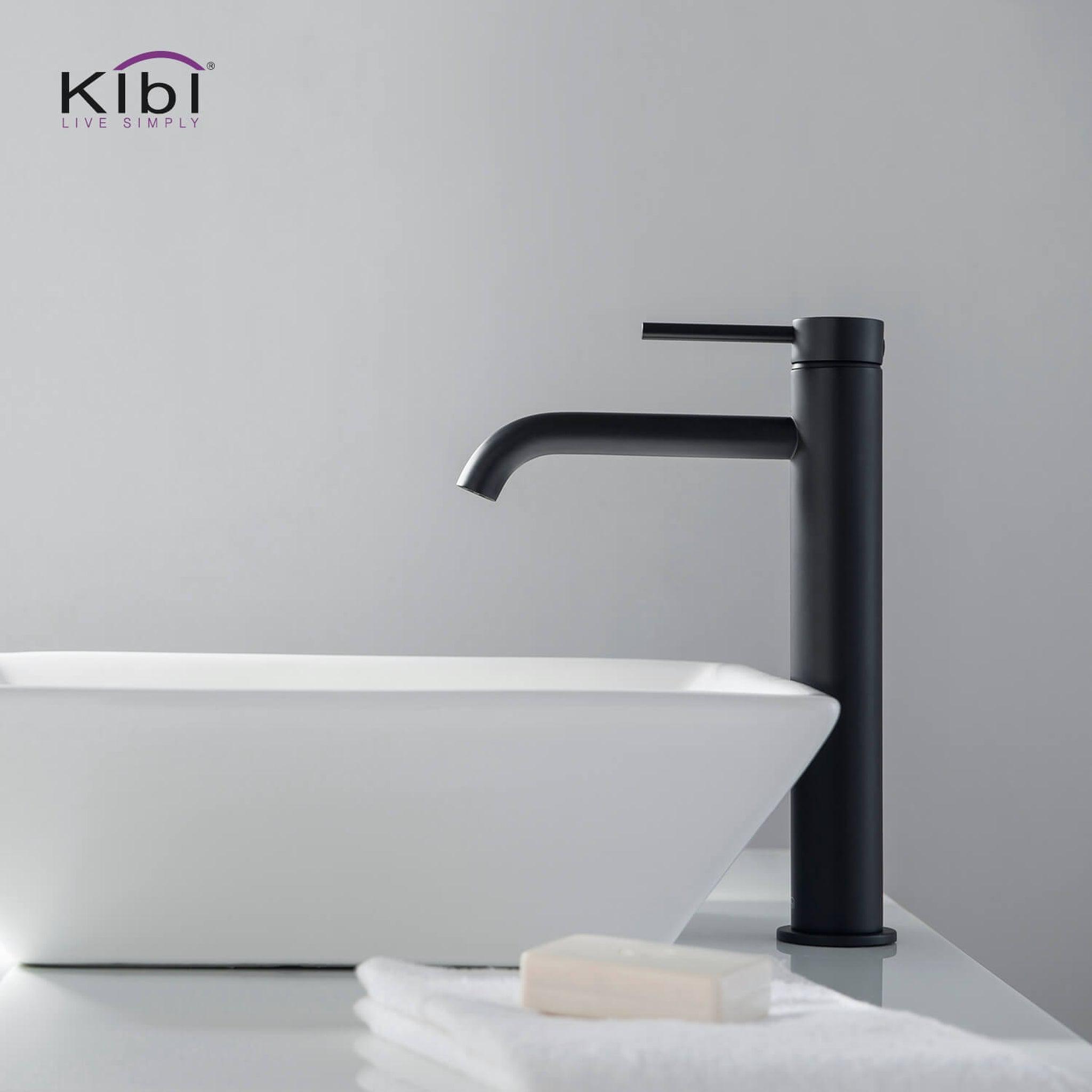KIBI, KIBI Circular Single Handle Matte Black Solid Brass Bathroom Vessel Sink Faucet With Pop-Up Drain Stopper Small Cover Without Overflow