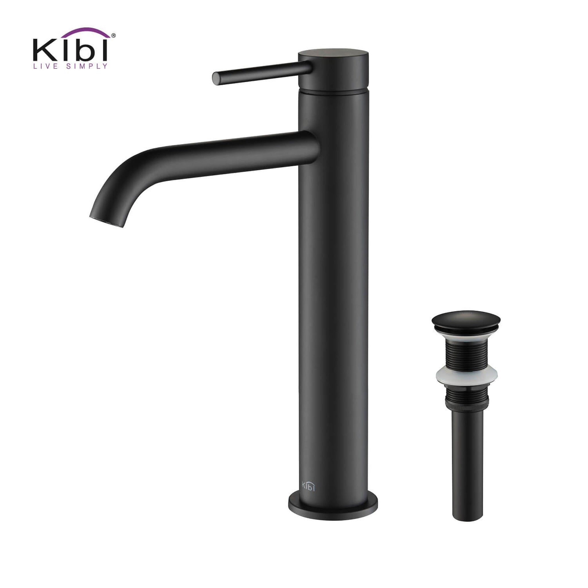 KIBI, KIBI Circular Single Handle Matte Black Solid Brass Bathroom Vessel Sink Faucet With Pop-Up Drain Stopper Small Cover Without Overflow