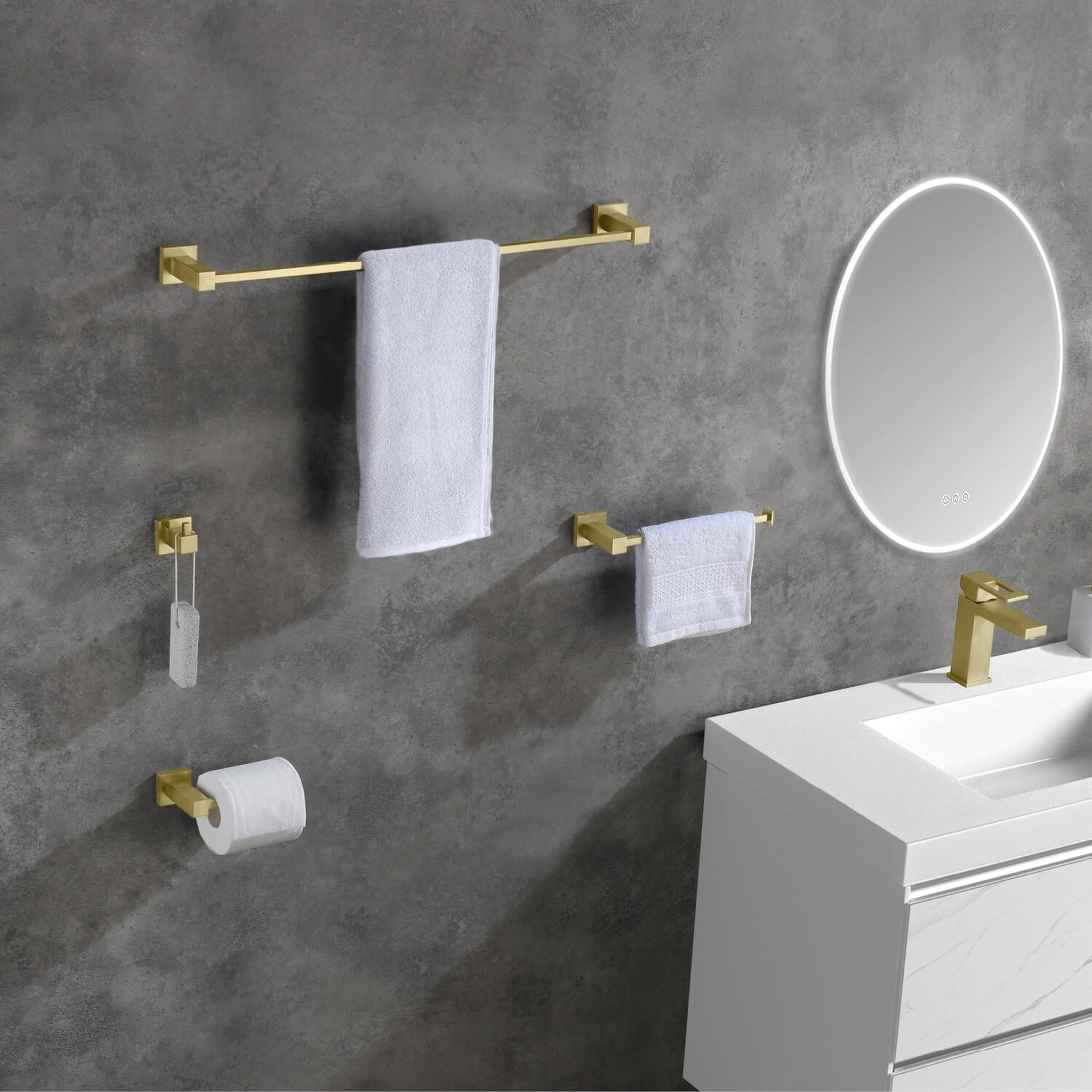 KIBI, KIBI Cube Brass 4 Piece Bathroom Hardware Set in Brushed Gold Finish