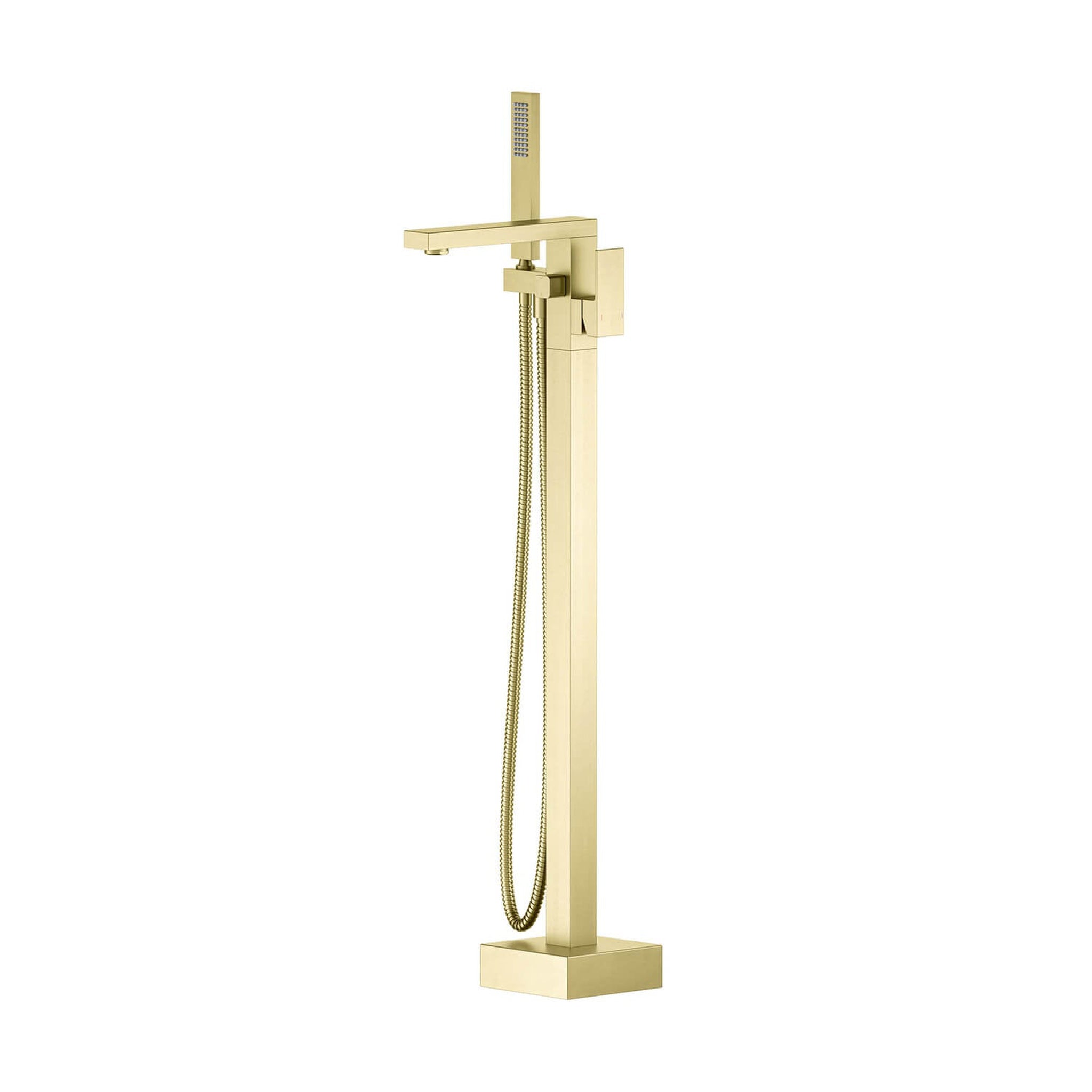 KIBI, KIBI Cube Brass Single Handle Floor Mounted Freestanding Tub Filler With Hand Shower in Brushed Gold Finish