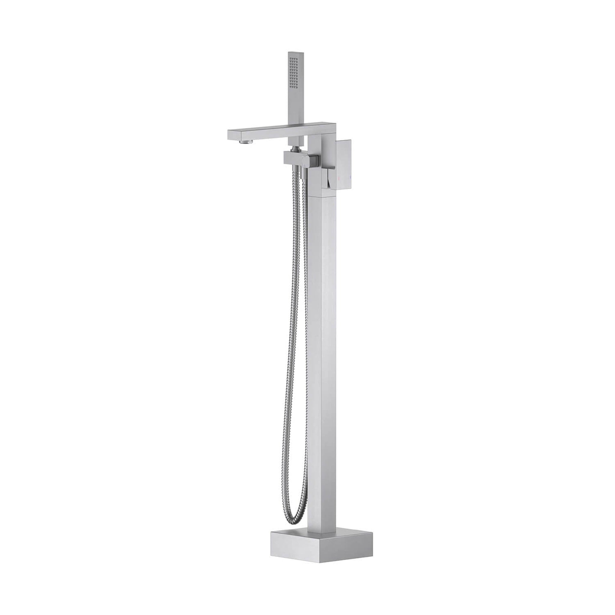 KIBI, KIBI Cube Brass Single Handle Floor Mounted Freestanding Tub Filler With Hand Shower in Brushed Nickel Finish