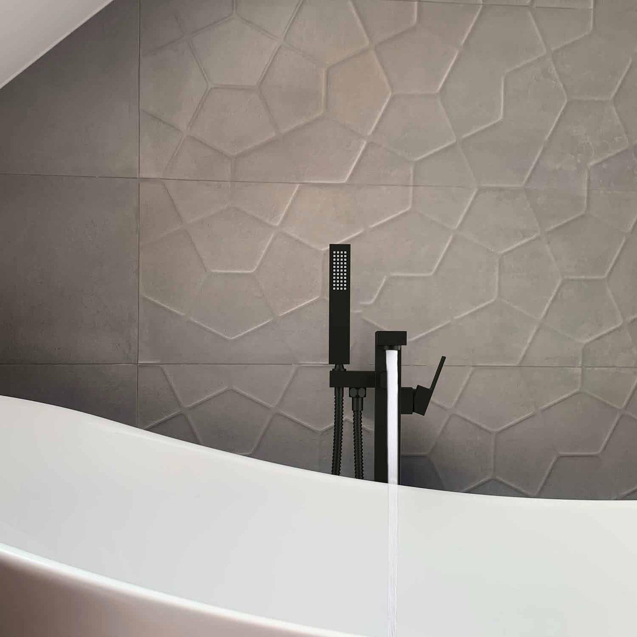 KIBI, KIBI Cube Brass Single Handle Floor Mounted Freestanding Tub Filler With Hand Shower in Matte Black Finish