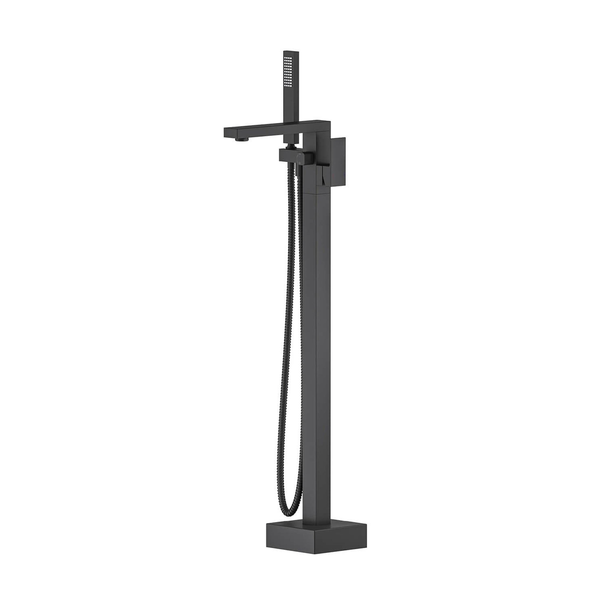 KIBI, KIBI Cube Brass Single Handle Floor Mounted Freestanding Tub Filler With Hand Shower in Matte Black Finish