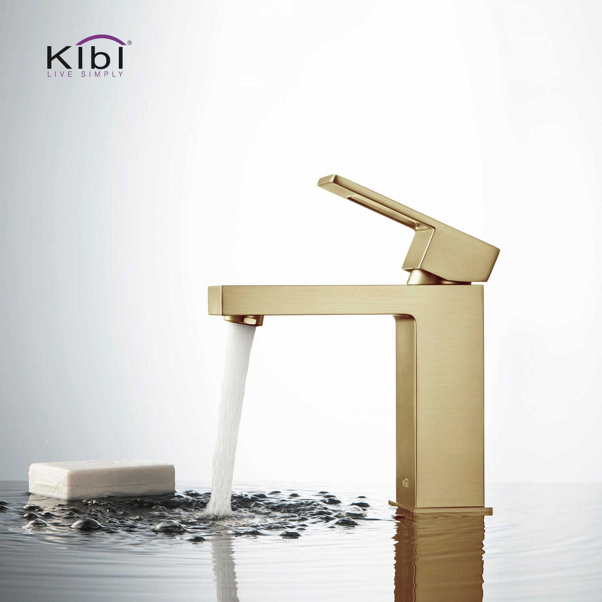 KIBI, KIBI Cubic Single Handle Brushed Gold Solid Brass Bathroom Vanity Sink Faucet With Pop-Up Drain Stopper Small Cover With Overflow