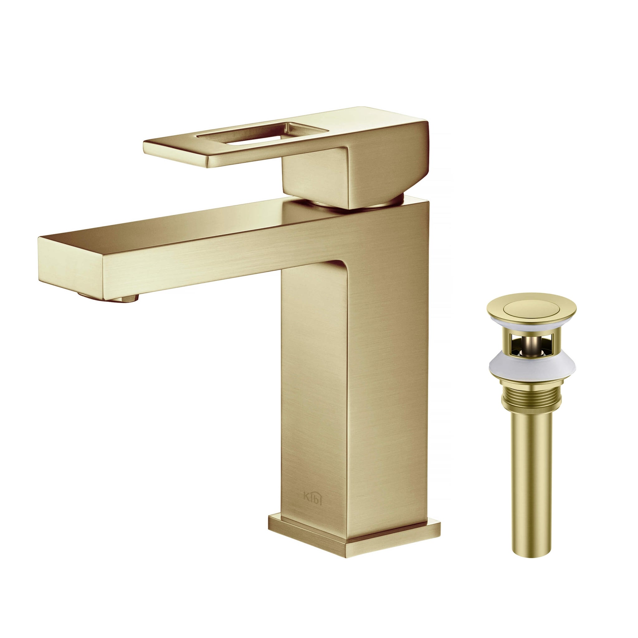 KIBI, KIBI Cubic Single Handle Brushed Gold Solid Brass Bathroom Vanity Sink Faucet With Pop-Up Drain Stopper Small Cover With Overflow