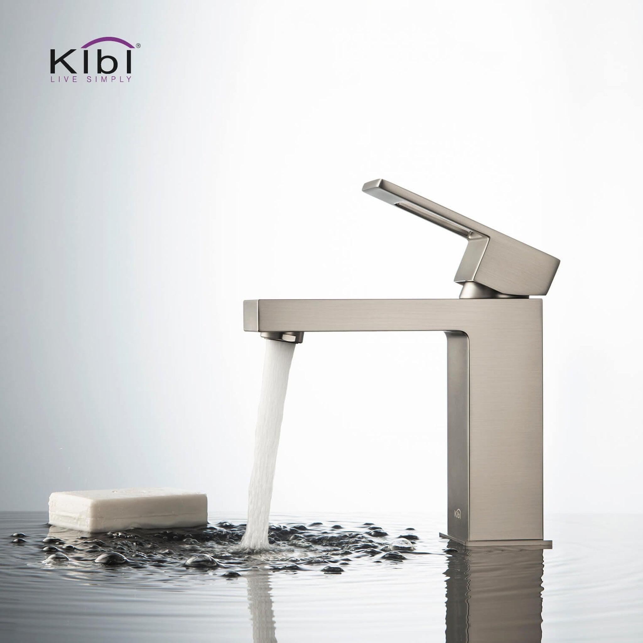 KIBI, KIBI Cubic Single Handle Brushed Nickel Solid Brass Bathroom Vanity Sink Faucet With Pop-Up Drain Stopper Small Cover With Overflow