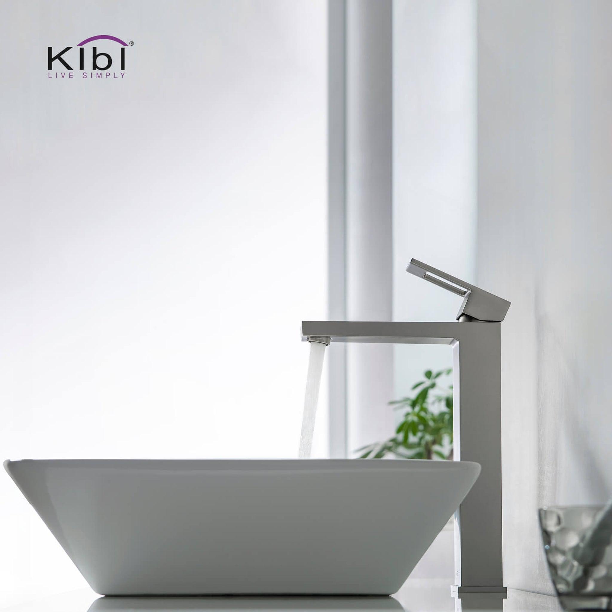 KIBI, KIBI Cubic Single Handle Brushed Nickel Solid Brass Bathroom Vessel Sink Faucet With Pop-Up Drain Stopper Small Cover Without Overflow