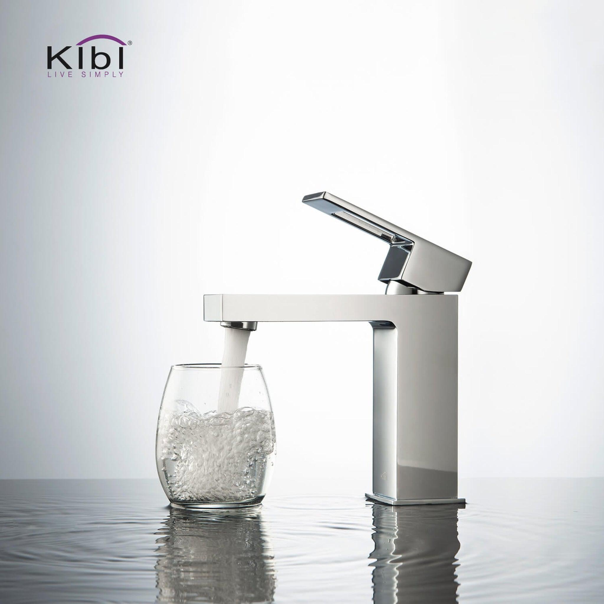 KIBI, KIBI Cubic Single Handle Chrome Solid Brass Bathroom Vanity Sink Faucet With Pop-Up Drain Stopper Small Cover With Overflow